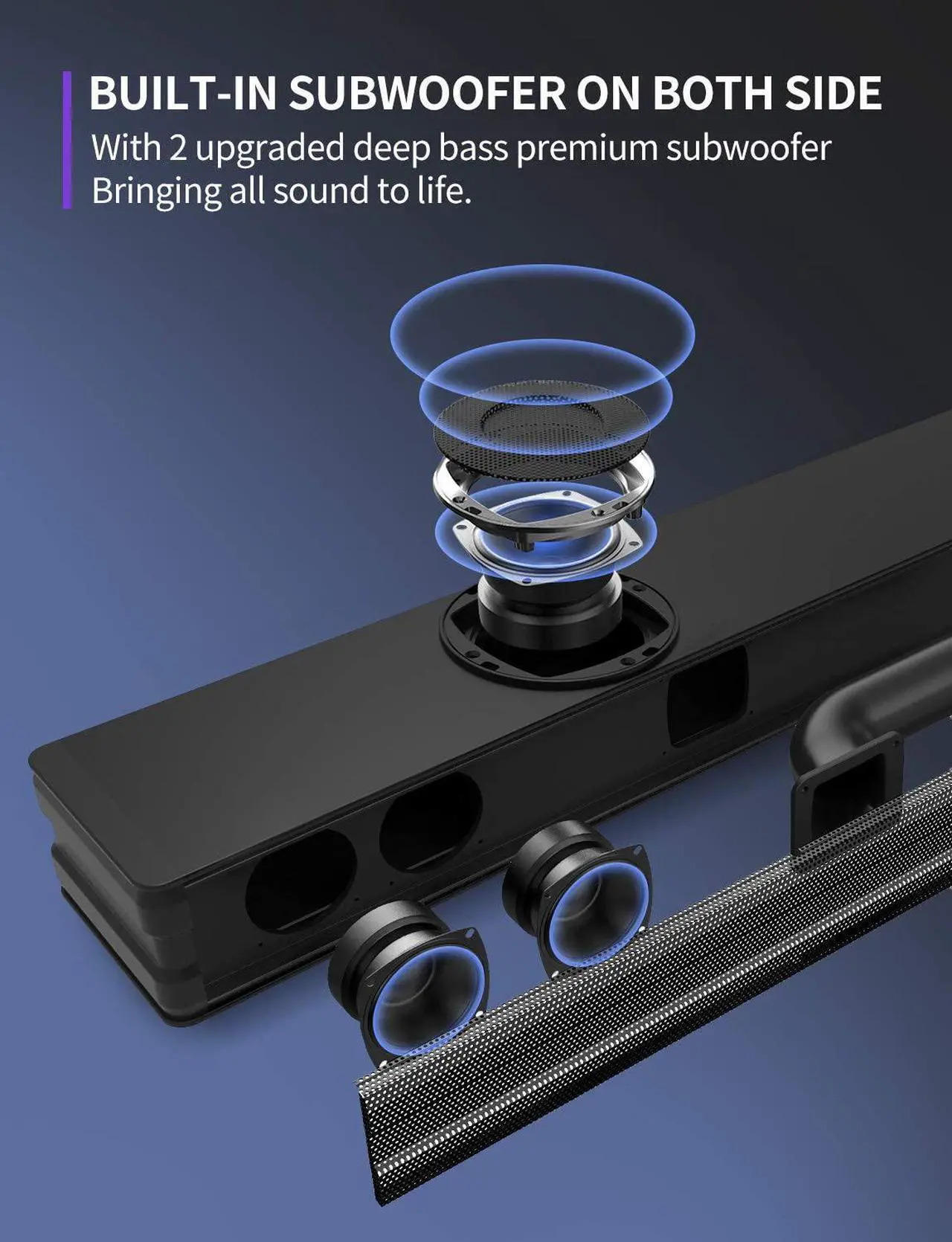 Alt view image 4 of 7 - Sound Bar, Sound Bar with Dual Built-in Subwoofer, 38 Inch 2.1 Sound Bar for TV, 90W Wired & Wireless Bluetooth 5.0, HDMI/Optical/Aux/USB, Wall Mountable, Surround Sound System for Home Theater