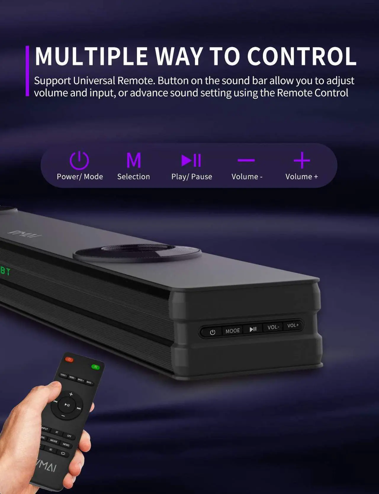 Alt view image 5 of 7 - Sound Bar, Sound Bar with Dual Built-in Subwoofer, 38 Inch 2.1 Sound Bar for TV, 90W Wired & Wireless Bluetooth 5.0, HDMI/Optical/Aux/USB, Wall Mountable, Surround Sound System for Home Theater