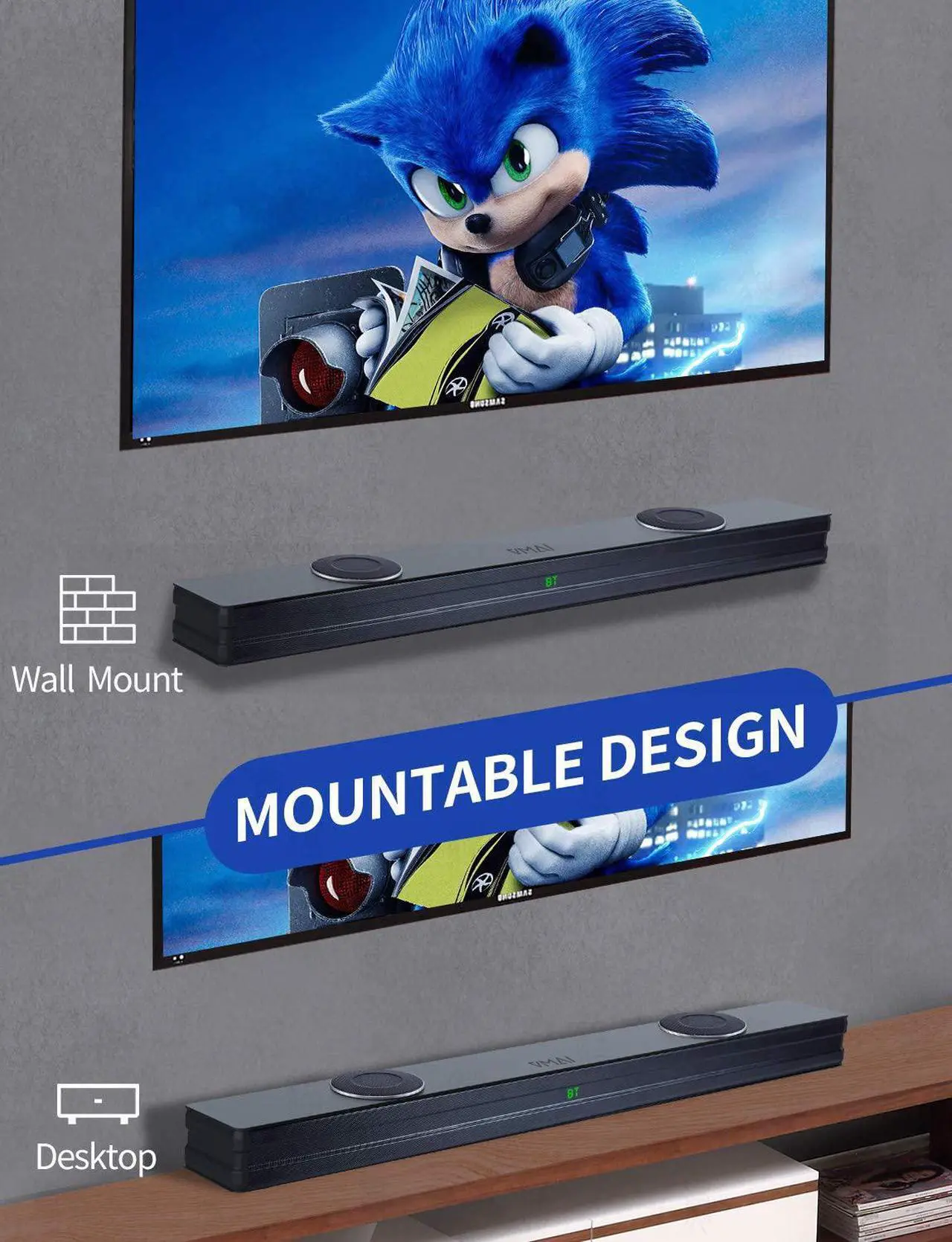 Alt view image 6 of 7 - Sound Bar, Sound Bar with Dual Built-in Subwoofer, 38 Inch 2.1 Sound Bar for TV, 90W Wired & Wireless Bluetooth 5.0, HDMI/Optical/Aux/USB, Wall Mountable, Surround Sound System for Home Theater