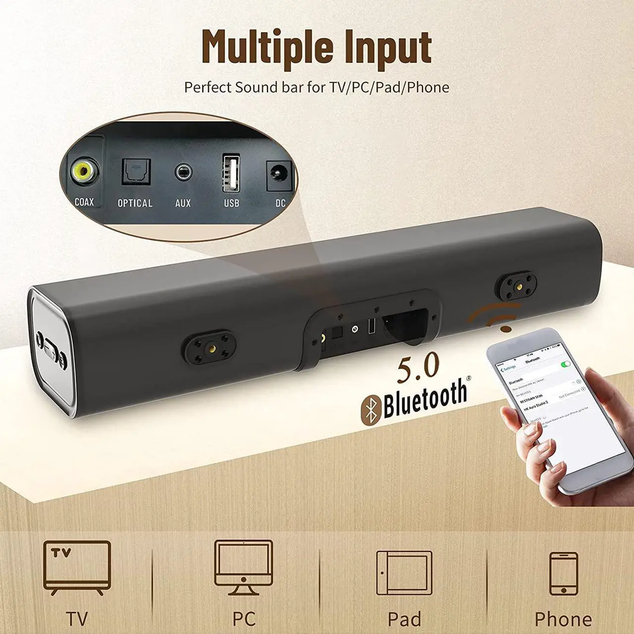Alt view image 3 of 7 - BESTISAN Sound Bar TV Sound Bar Wireless Bluetooth 5.0 Sound Bar 3 Equalizer Modes for Home Theater Games PC Cellphone (Remote Control, DSP, Bas/Treble Adjustable, Wall Mounted)