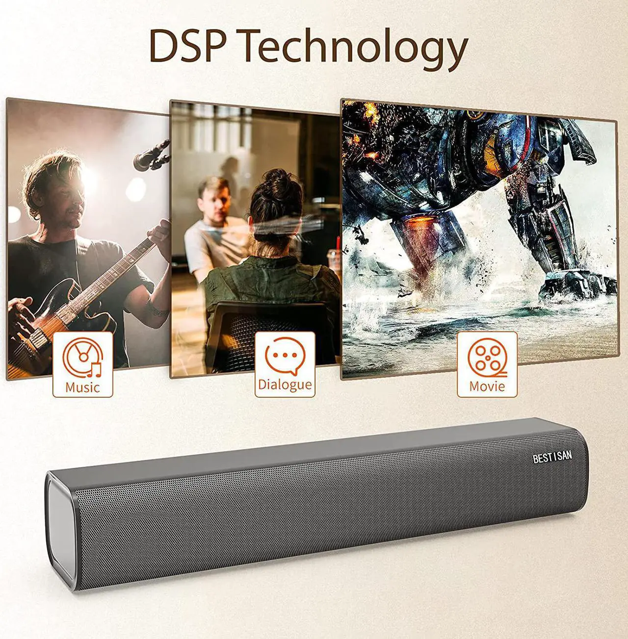 Alt view image 4 of 7 - BESTISAN Sound Bar TV Sound Bar Wireless Bluetooth 5.0 Sound Bar 3 Equalizer Modes for Home Theater Games PC Cellphone (Remote Control, DSP, Bas/Treble Adjustable, Wall Mounted)