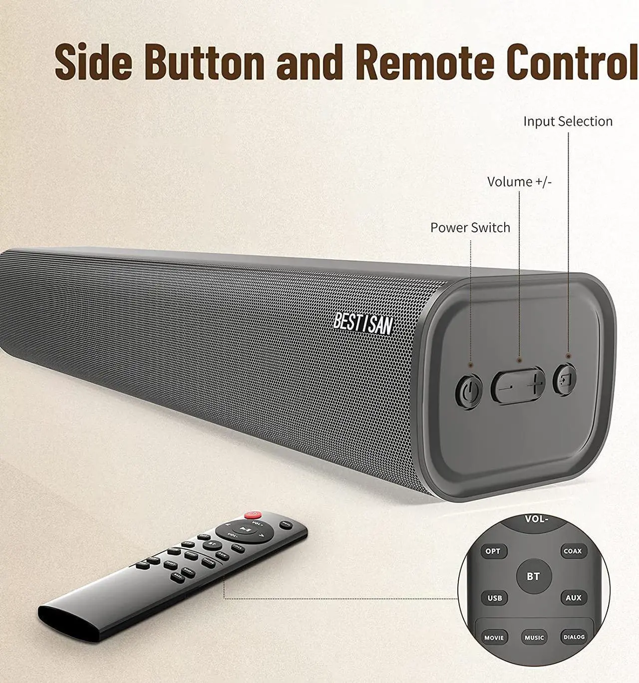 Alt view image 5 of 7 - BESTISAN Sound Bar TV Sound Bar Wireless Bluetooth 5.0 Sound Bar 3 Equalizer Modes for Home Theater Games PC Cellphone (Remote Control, DSP, Bas/Treble Adjustable, Wall Mounted)