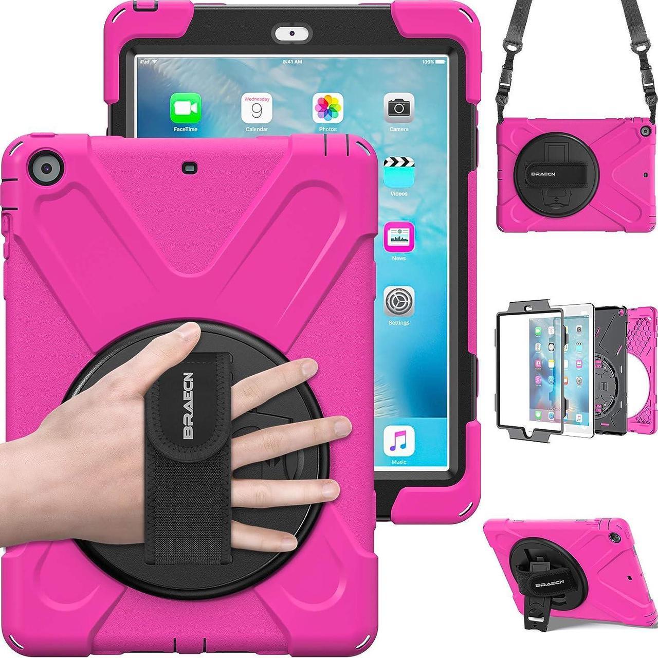 iPad Air 1 Rugged Case [Heavy Duty] Full-Body Shockproof Protective Case with 360 Degree Swivel Kickstand/Hand Strap/Shoulder Strap for Apple iPad Air Kids case(Rose Red)