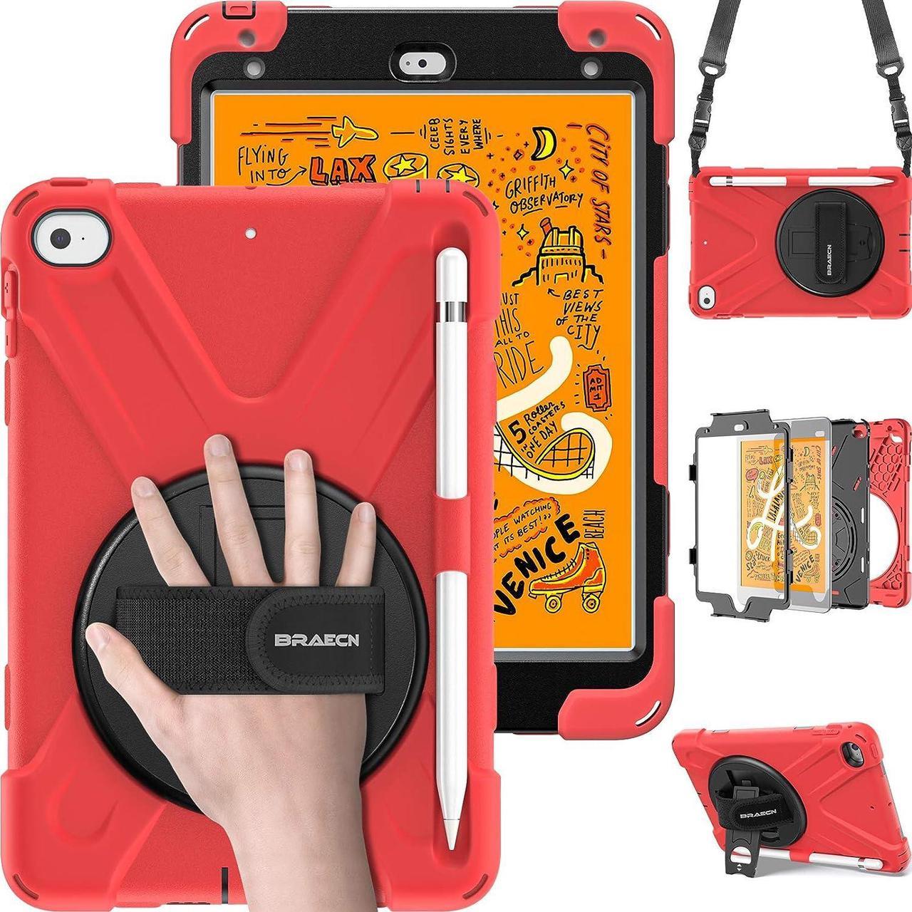 iPad Mini 5th/4th Generation Case for Kids,  Shockproof Protective Case with 360° Rotating Kickstand Hand Strap and Shoulder Strap Pencil Holder for iPad Mini 5/ 4th Gen 7.9-Inch-Red