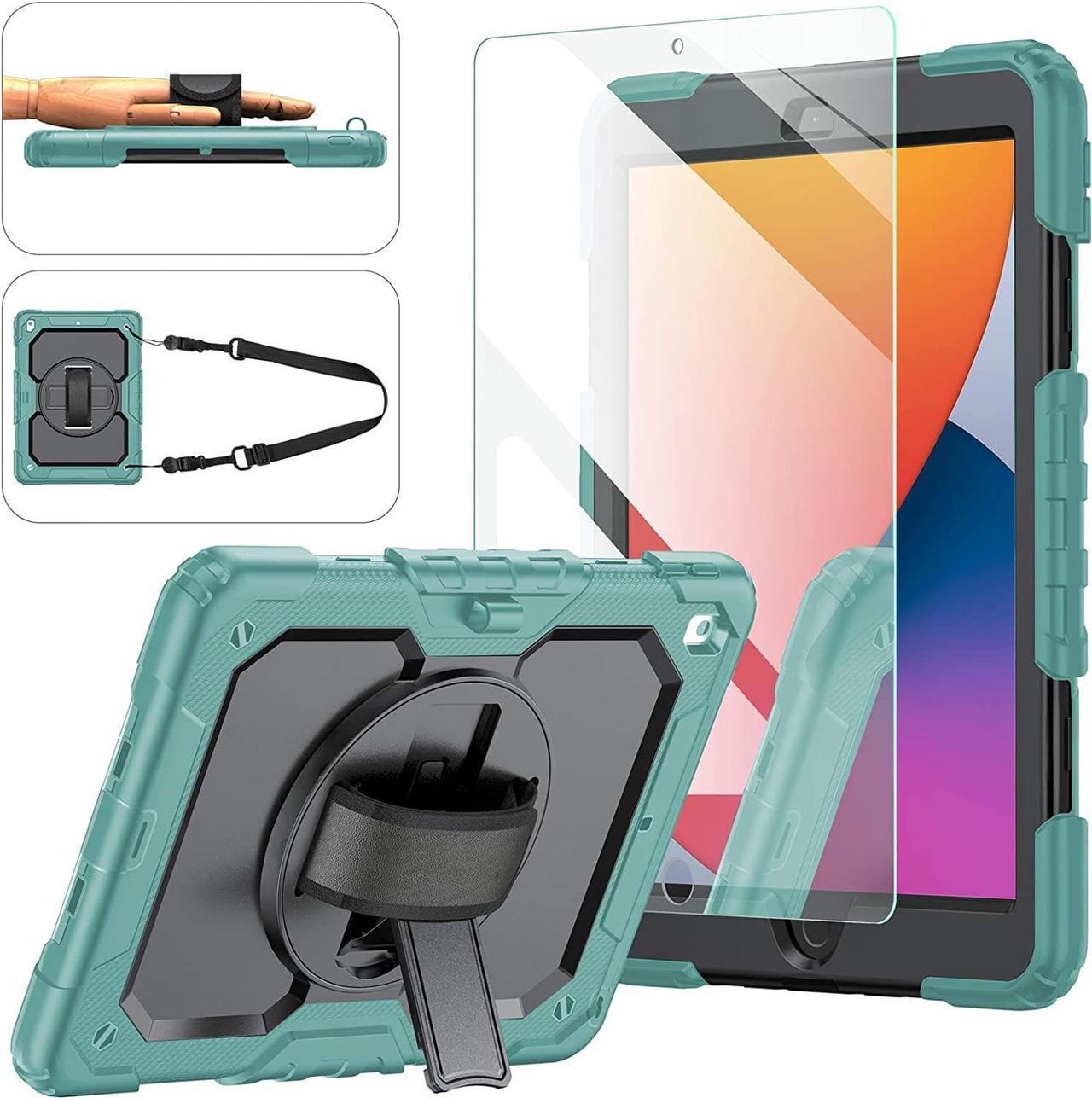 iPad 9th/8th/7th Generation Case, iPad 10.2 Case 2021/2020/2019, [Shockproof] Full Body Protective Case with 9H Screen Protector, Rotatable Kickstand/Hand Strap, Shoulder Strap (Teal & Black)