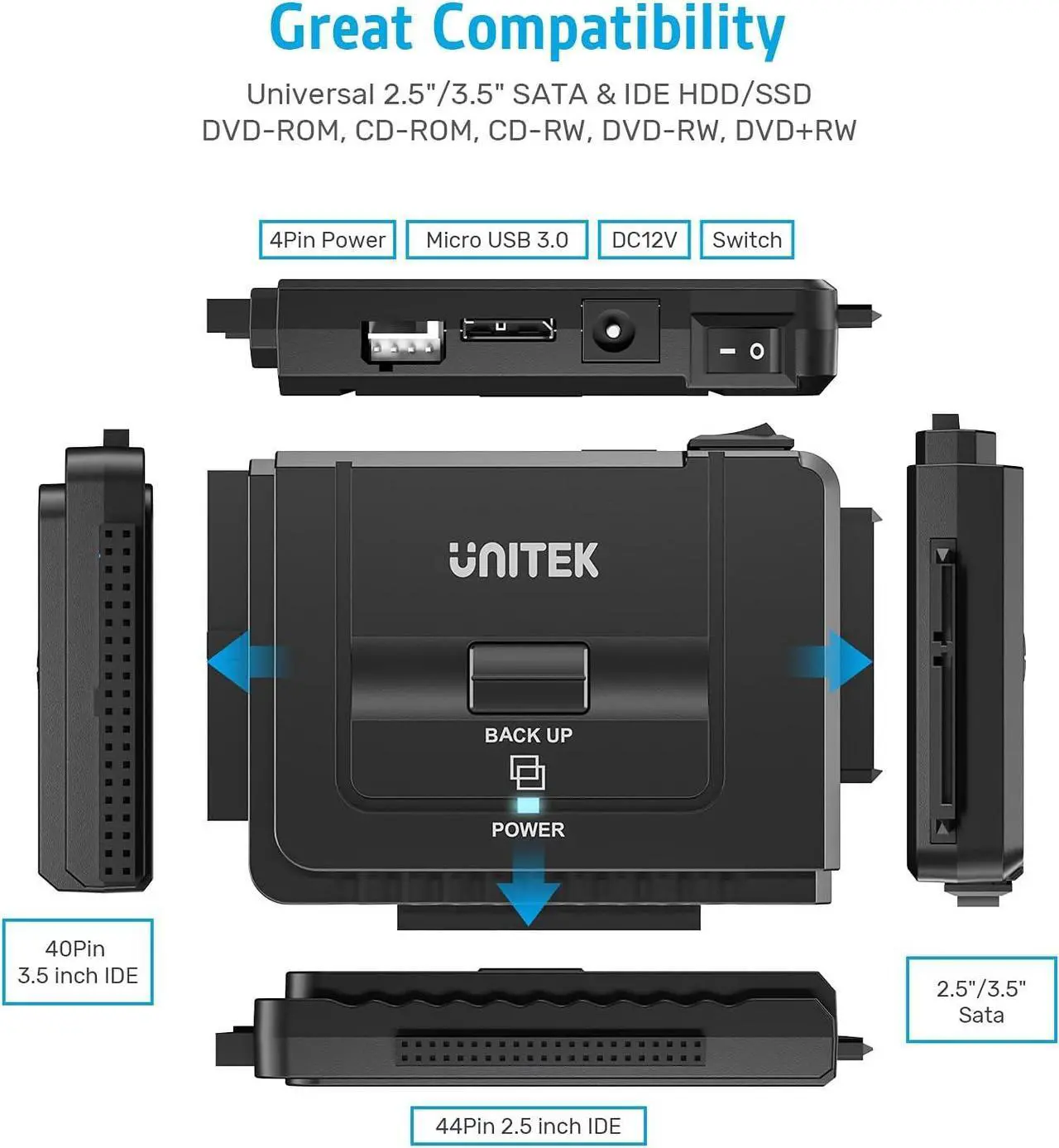 Alt view image 3 of 6 - Unitek USB 3.0 to IDE and SATA Converter External Hard Drive Adapter Kit for Universal 2.5/3.5 HDD/SSD Hard Drive Disk, One Touch Backup Function, Included 12V/2A Power Adapter