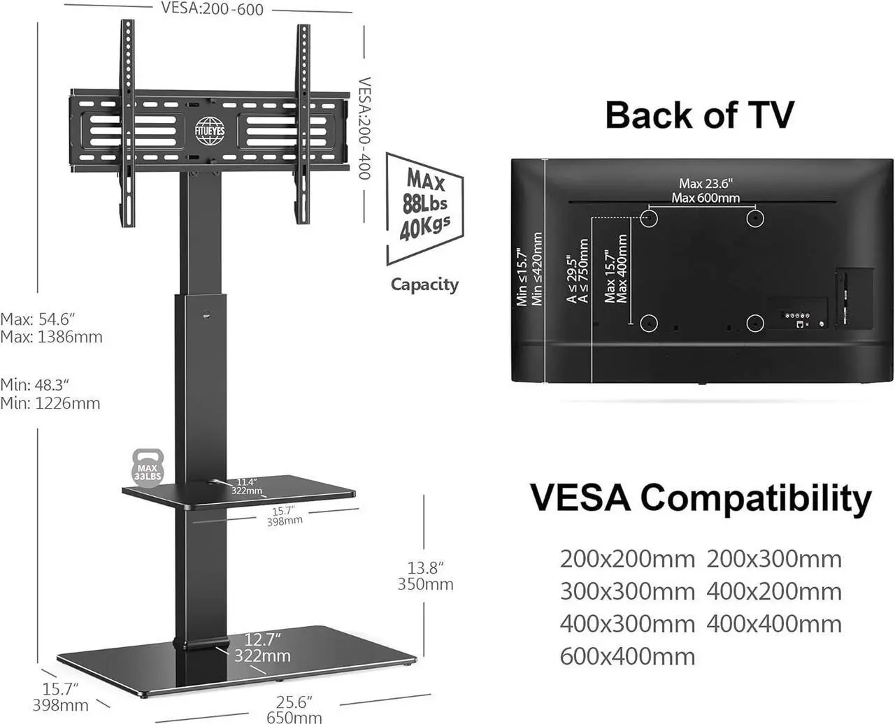 Alt view image 6 of 7 - FITUEYES Swivel Floor TV Stand with Mount for TVs 37 43 50 55 60 65 70 75 Inch LCD LED Flat/Curved Screens Universal Swivel Televisions TV Mount Stand for Bedroom Living Room Black Tempered Glass Base