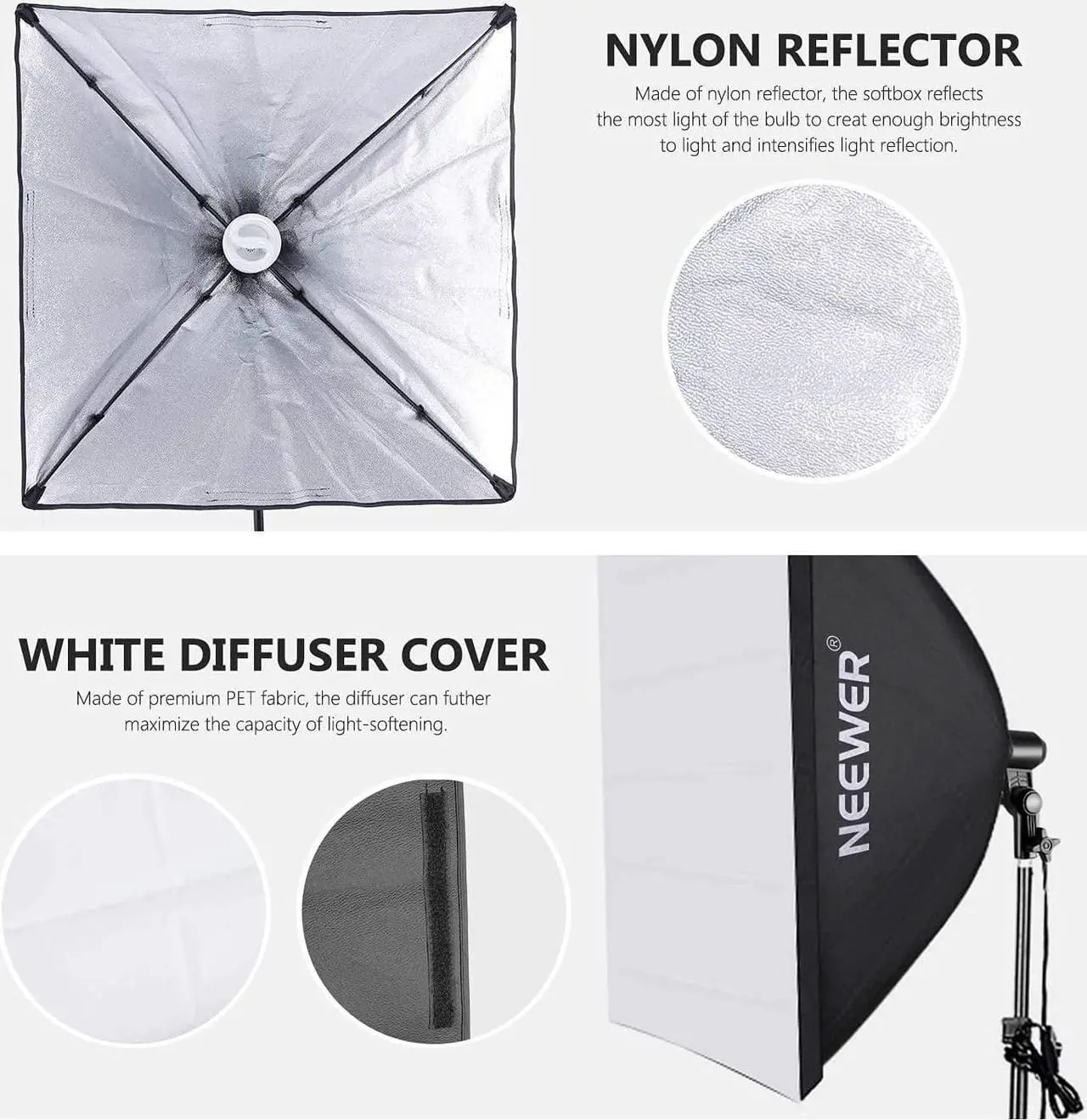 Alt view image 5 of 7 - NEEWER 700W Equivalent Softbox Lighting Kit, 2Pack 5500K CFL Lighting Bulbs, 24x24 inches Softboxes with E27 Socket, Photography Continuous Lighting Kit Photo Studio Equipment