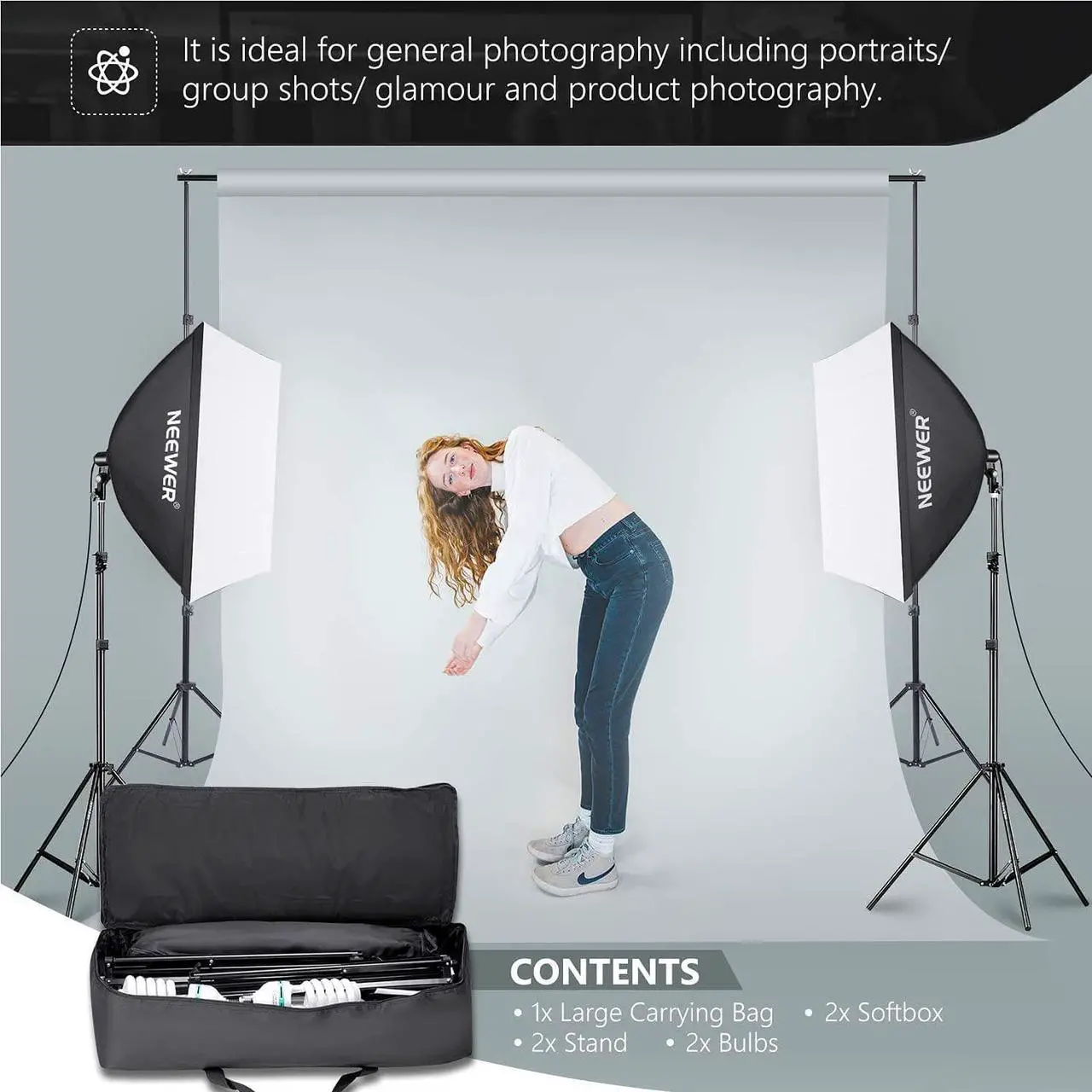 Alt view image 7 of 7 - NEEWER 700W Equivalent Softbox Lighting Kit, 2Pack 5500K CFL Lighting Bulbs, 24x24 inches Softboxes with E27 Socket, Photography Continuous Lighting Kit Photo Studio Equipment