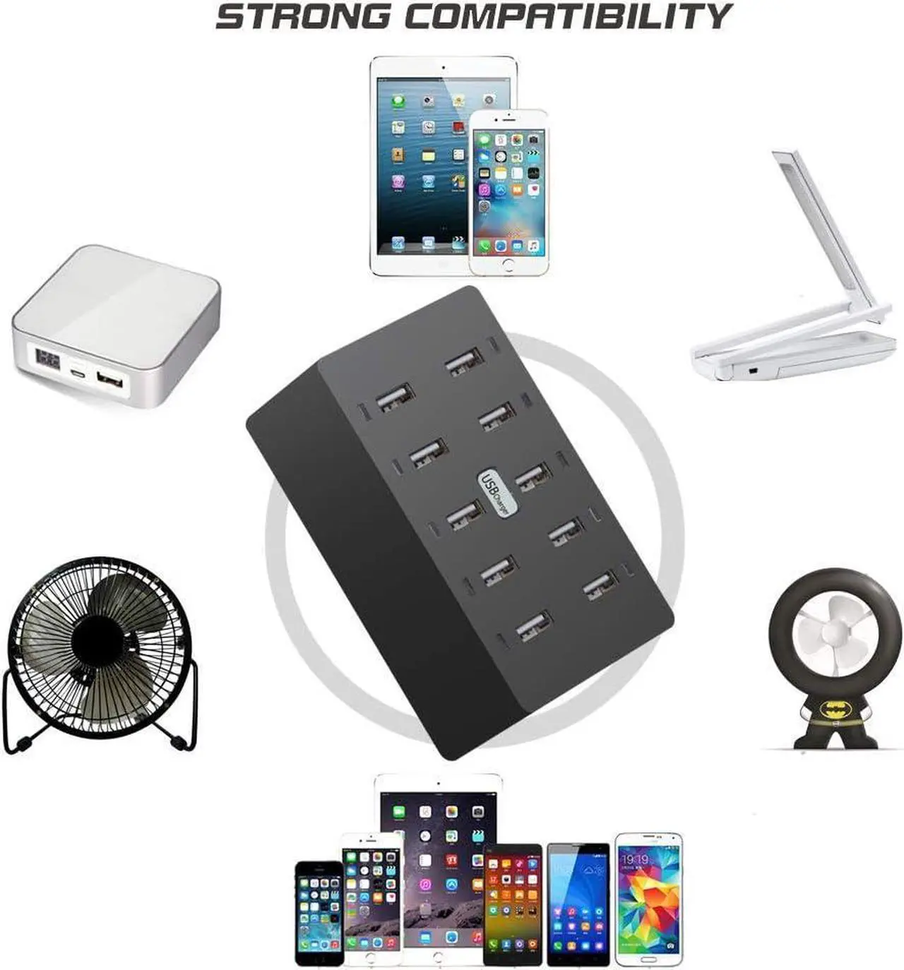 Alt view image 6 of 7 - 10 Ports Wall Charger, 50W 10-Port Family-Sized Desktop USB Rapid Charger,Multiple Charging Station,Compatible with Smartphones and Other USB Charging Devices