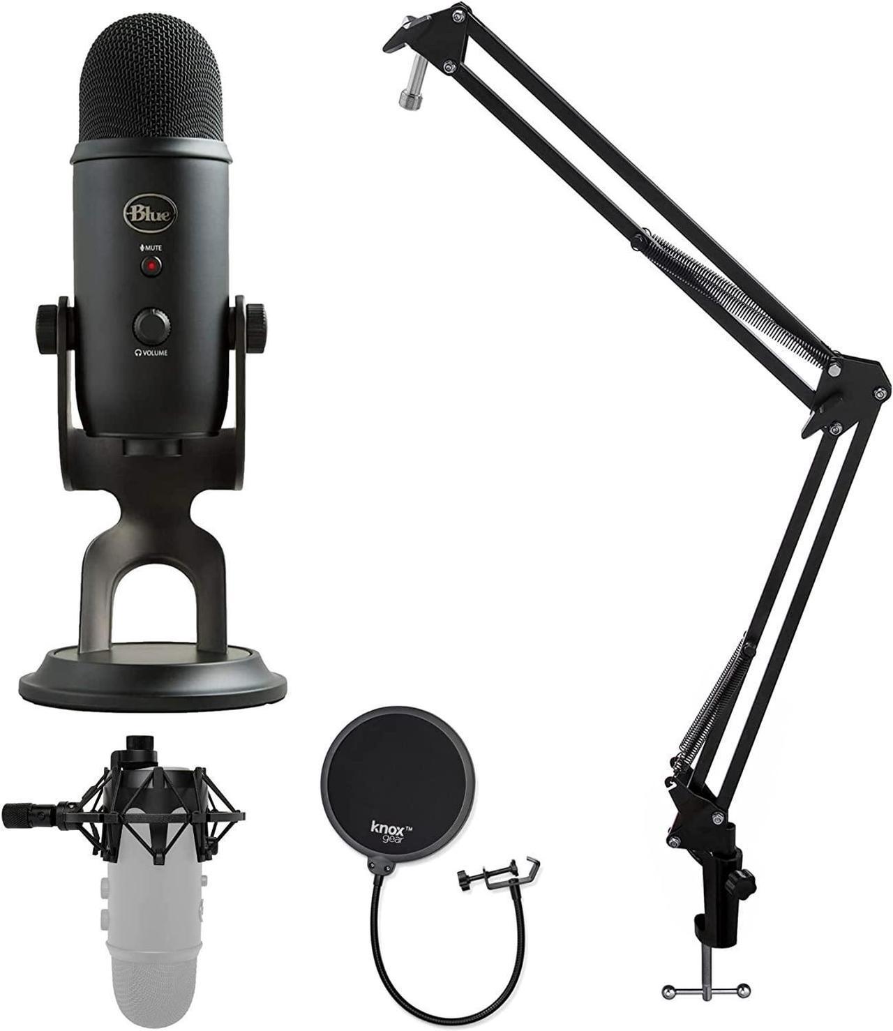 Blue Yeti Microphone (Blackout) with Knox Boom Arm Stand, Pop Filter and Shock Mount Bundle