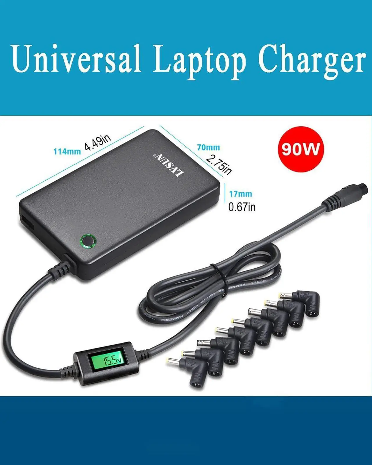 Alt view image 7 of 7 - Universal Laptop Charger with LCD Display 90W Slim AC Adapter Power Supply Cord with USB Port for Mobile/Tablet Compatible with Lenovo HP Dell Toshiba Samsung Acer Asus and Most Notebooks
