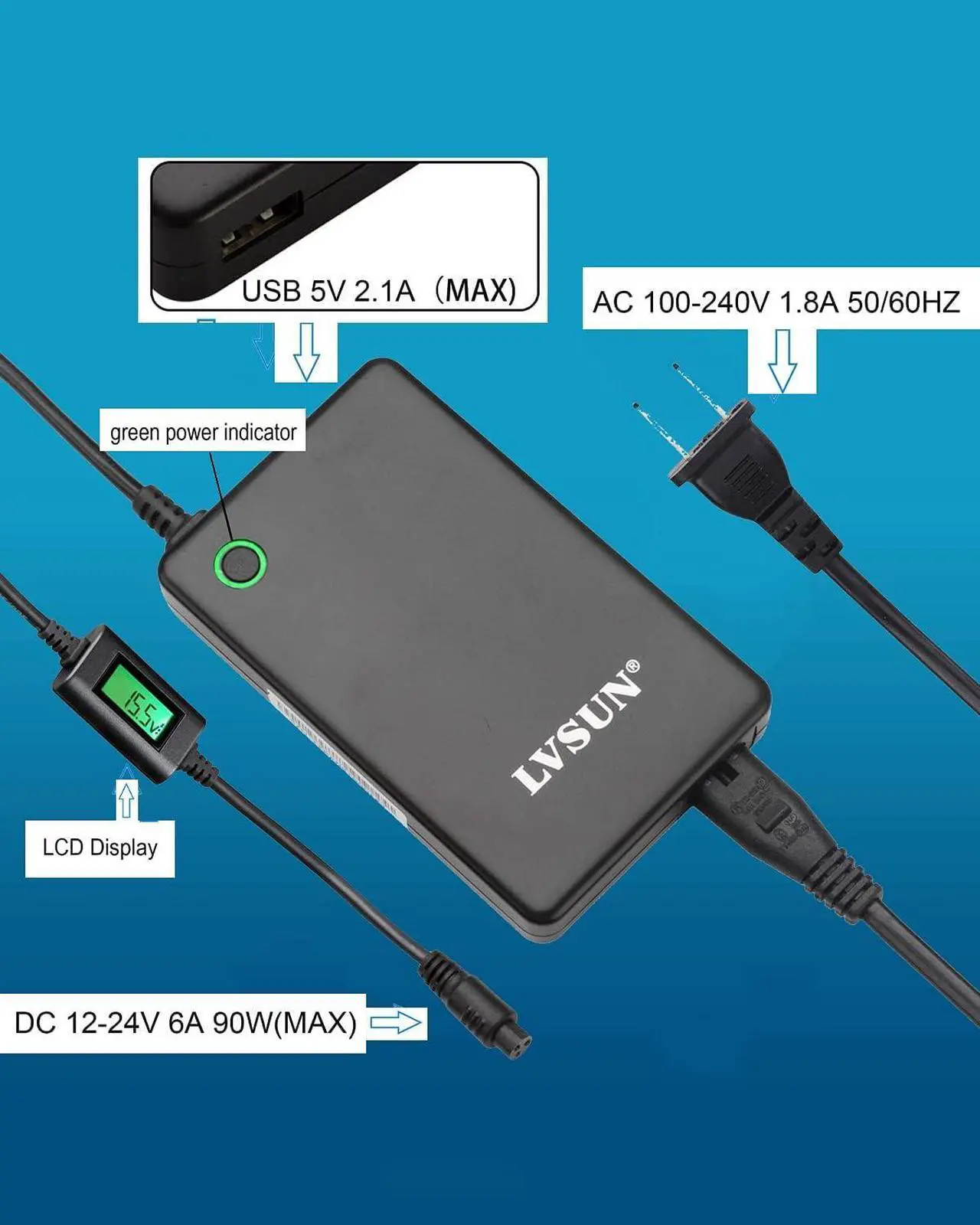Alt view image 5 of 7 - Universal Laptop Charger with LCD Display 90W Slim AC Adapter Power Supply Cord with USB Port for Mobile/Tablet Compatible with Lenovo HP Dell Toshiba Samsung Acer Asus and Most Notebooks