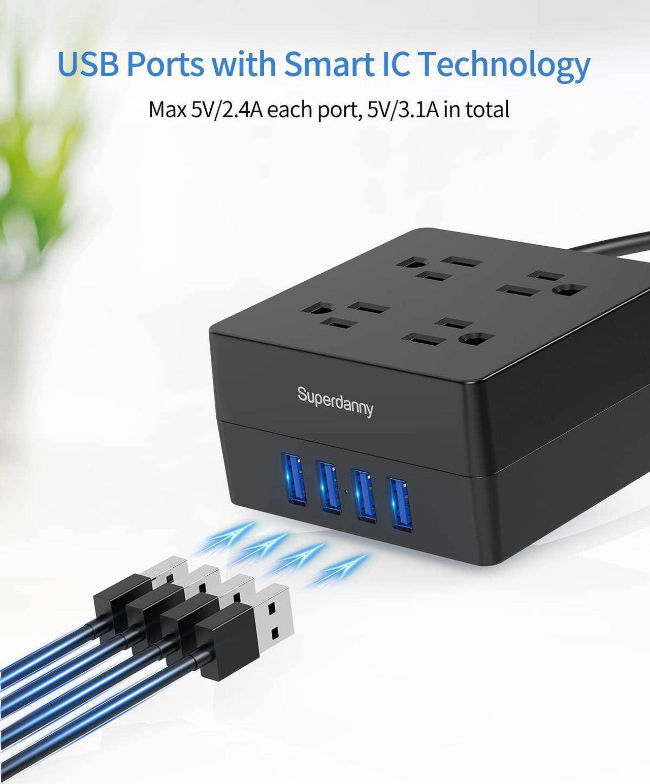 Alt view image 5 of 14 - Power Strip Surge Protector - Xiaogan 5 Ft Extension Cord with 4 Outlets & 4 USBs, 900 Joules, Overload Switch, Grounded, Mountable, Desktop Charging Station for Home, Office, Hotel, Dorm, Black
