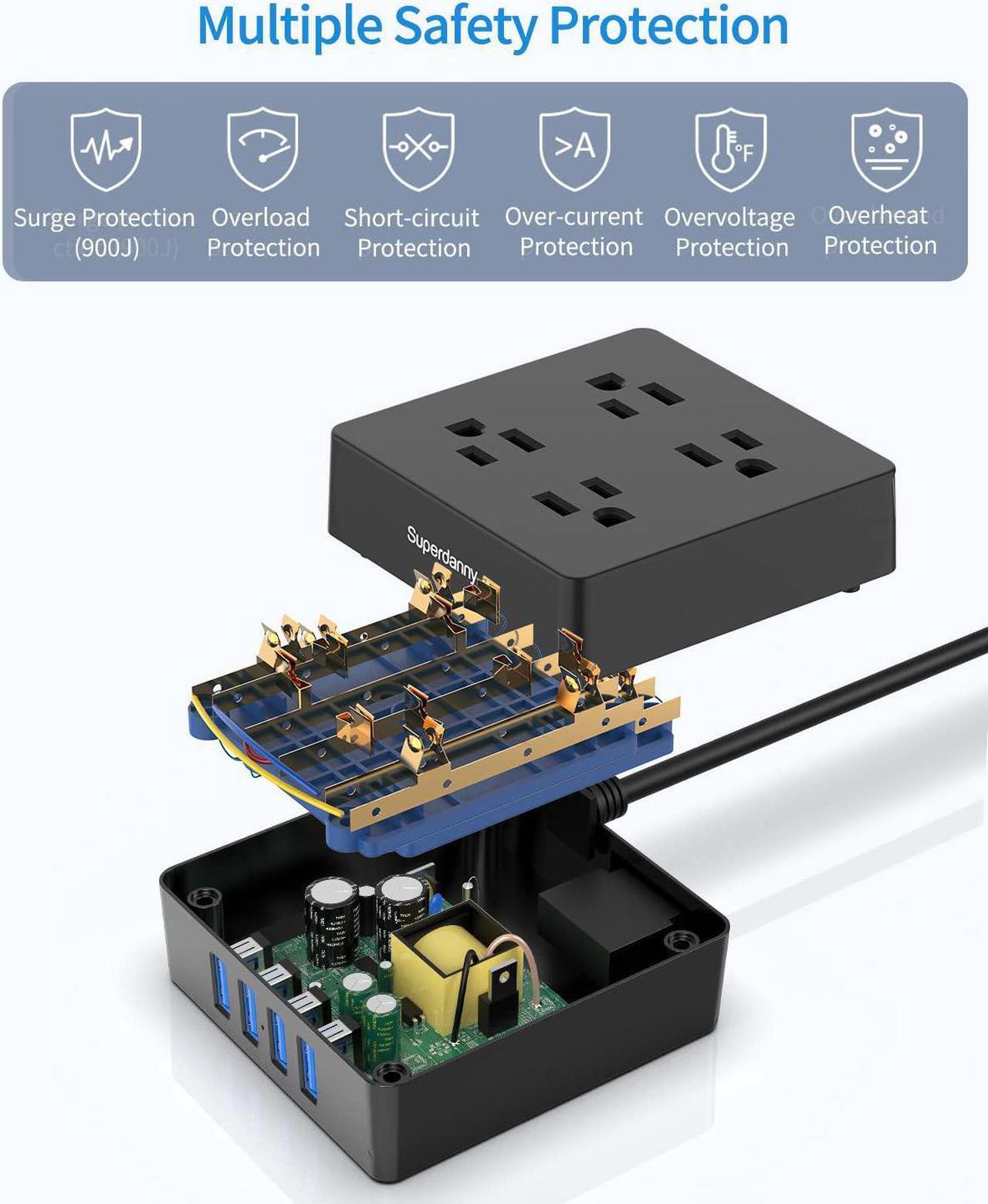 Alt view image 6 of 14 - Power Strip Surge Protector - Xiaogan 5 Ft Extension Cord with 4 Outlets & 4 USBs, 900 Joules, Overload Switch, Grounded, Mountable, Desktop Charging Station for Home, Office, Hotel, Dorm, Black