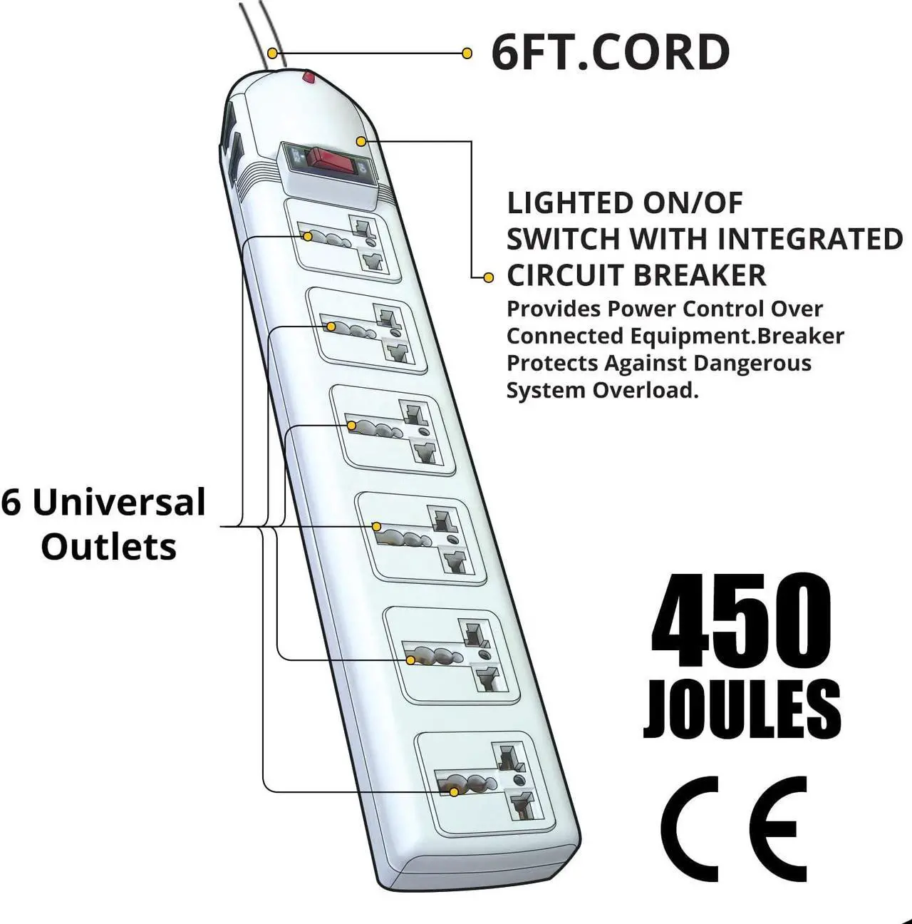 Alt view image 2 of 6 - KRIEGER Universal Power Strip AC 220-240V Surge Protector With Heavy Duty German Schuko Plug For Computer, Printers, 6 Universal AC Outlets - Type E/F