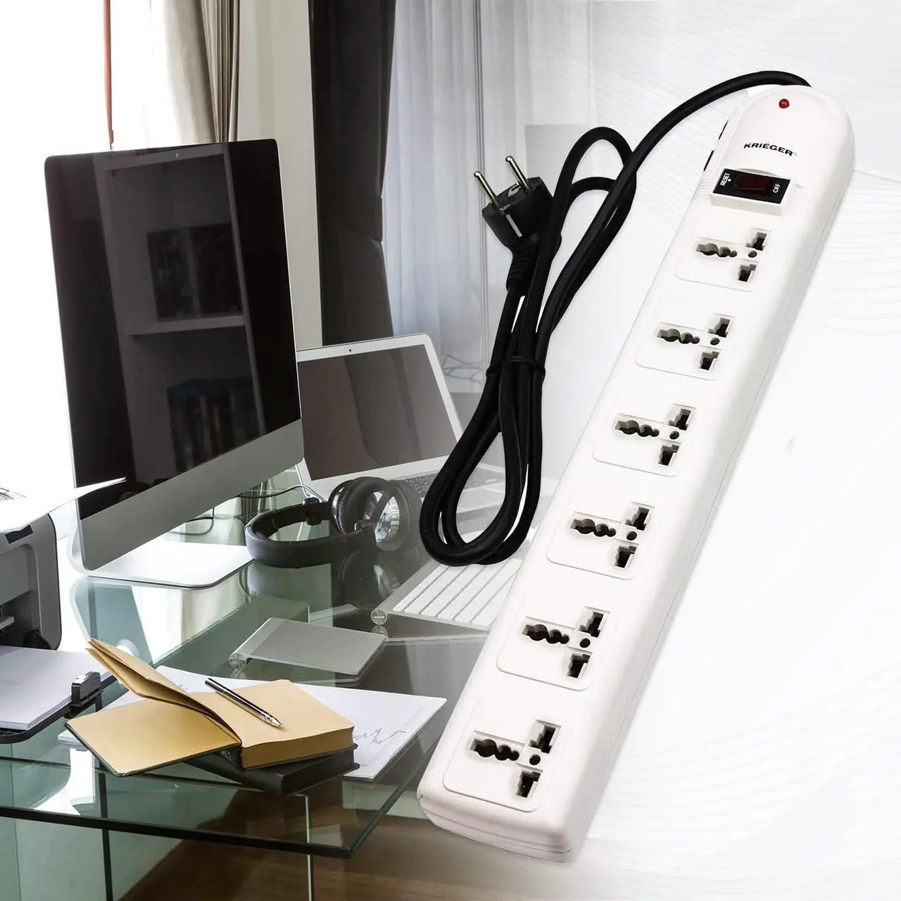 Alt view image 4 of 6 - KRIEGER Universal Power Strip AC 220-240V Surge Protector With Heavy Duty German Schuko Plug For Computer, Printers, 6 Universal AC Outlets - Type E/F