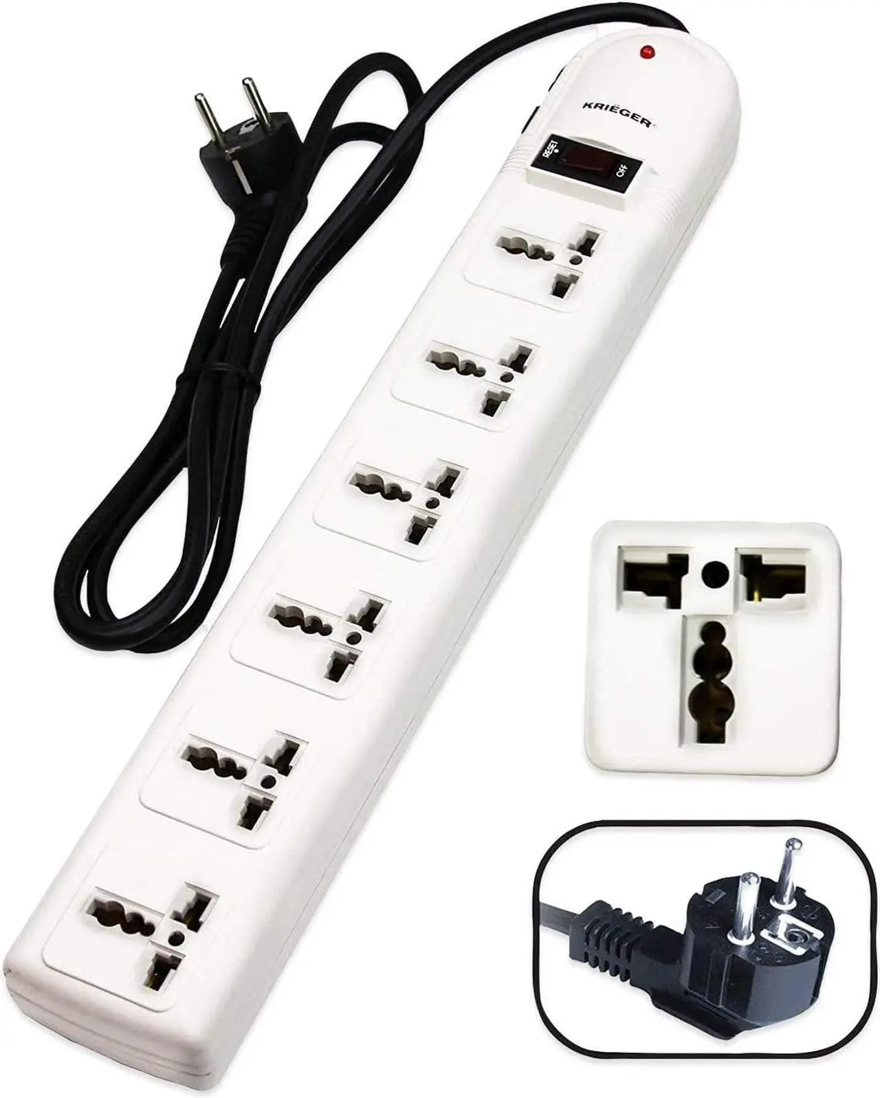 Main image of KRIEGER Universal Power Strip AC 220-240V Surge Protector With Heavy Duty German Schuko Plug For Computer, Printers, 6 Universal AC Outlets - Type E/F