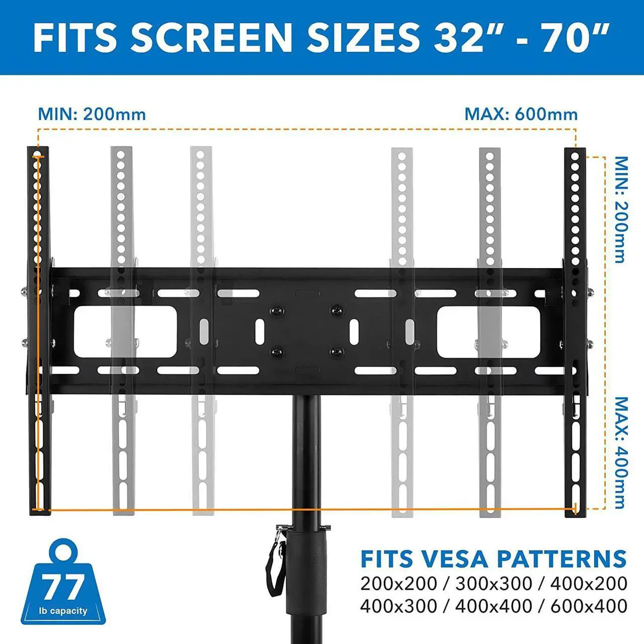Alt view image 4 of 7 - TV Tripod Stand - Portable TV Stands for Flat Screens - Indoor or Outdoor TV Pole Stand - Television Tripod Stand for 32-70 Inches Screen - Single Pole TV Stand with 77lbs Capacity