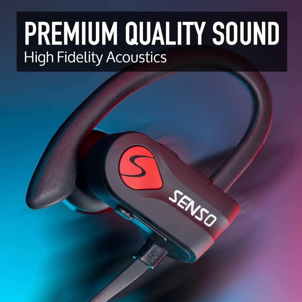 Alt view image 2 of 7 - Senso Bluetooth Headphones, Best Wireless Sports Earphones w/Mic IPX7 Waterproof HD Stereo Sweatproof Earbuds for Gym Running Workout 8 Hour Battery Noise Cancelling Headsets (Black Red)