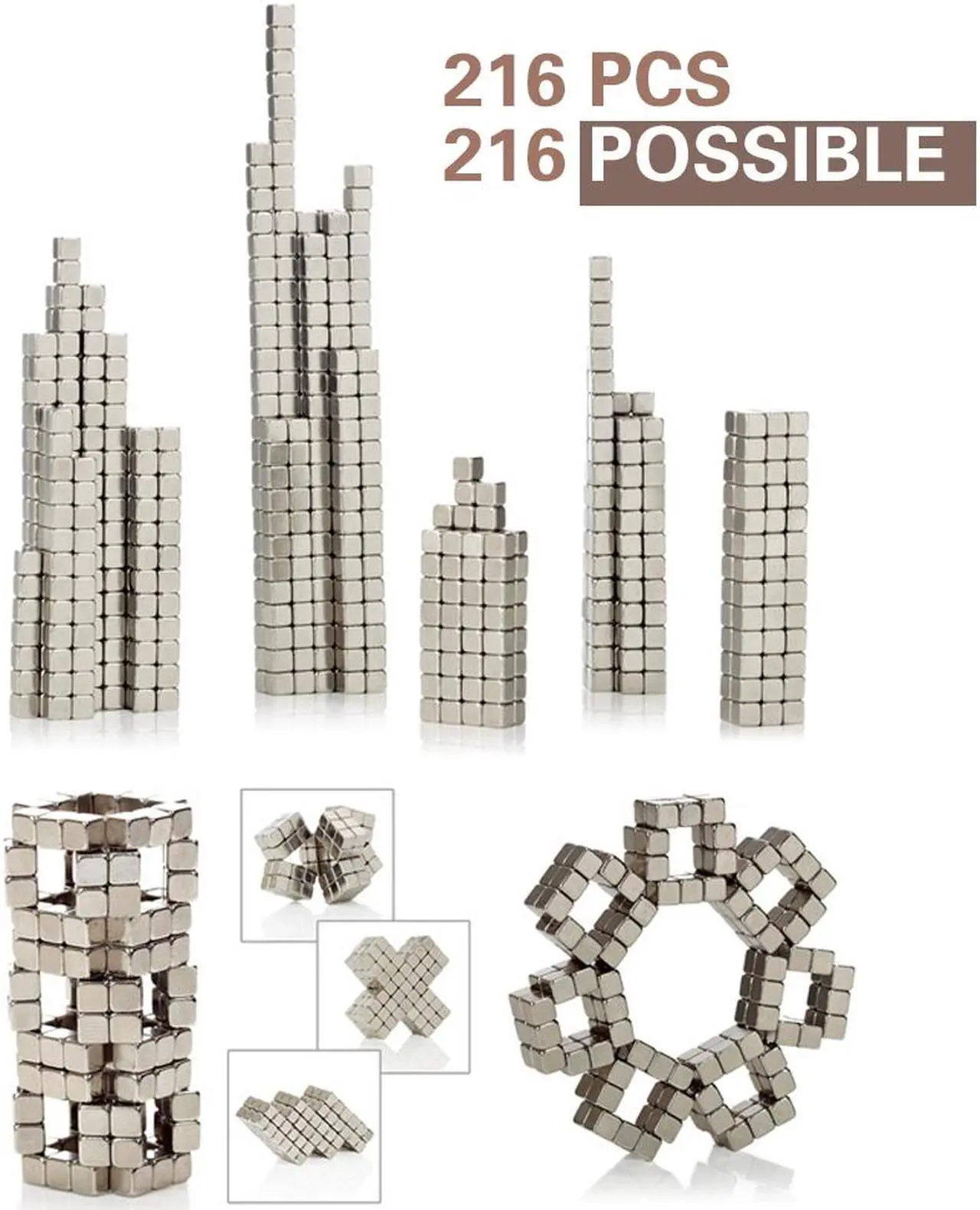 Alt view image 6 of 7 - Upgraded Magnetic Cube 5mm 216pcs Silver Magnets Blocks Multi-Use Square Cube Magnets Toy Stress Relief Toys for Kids