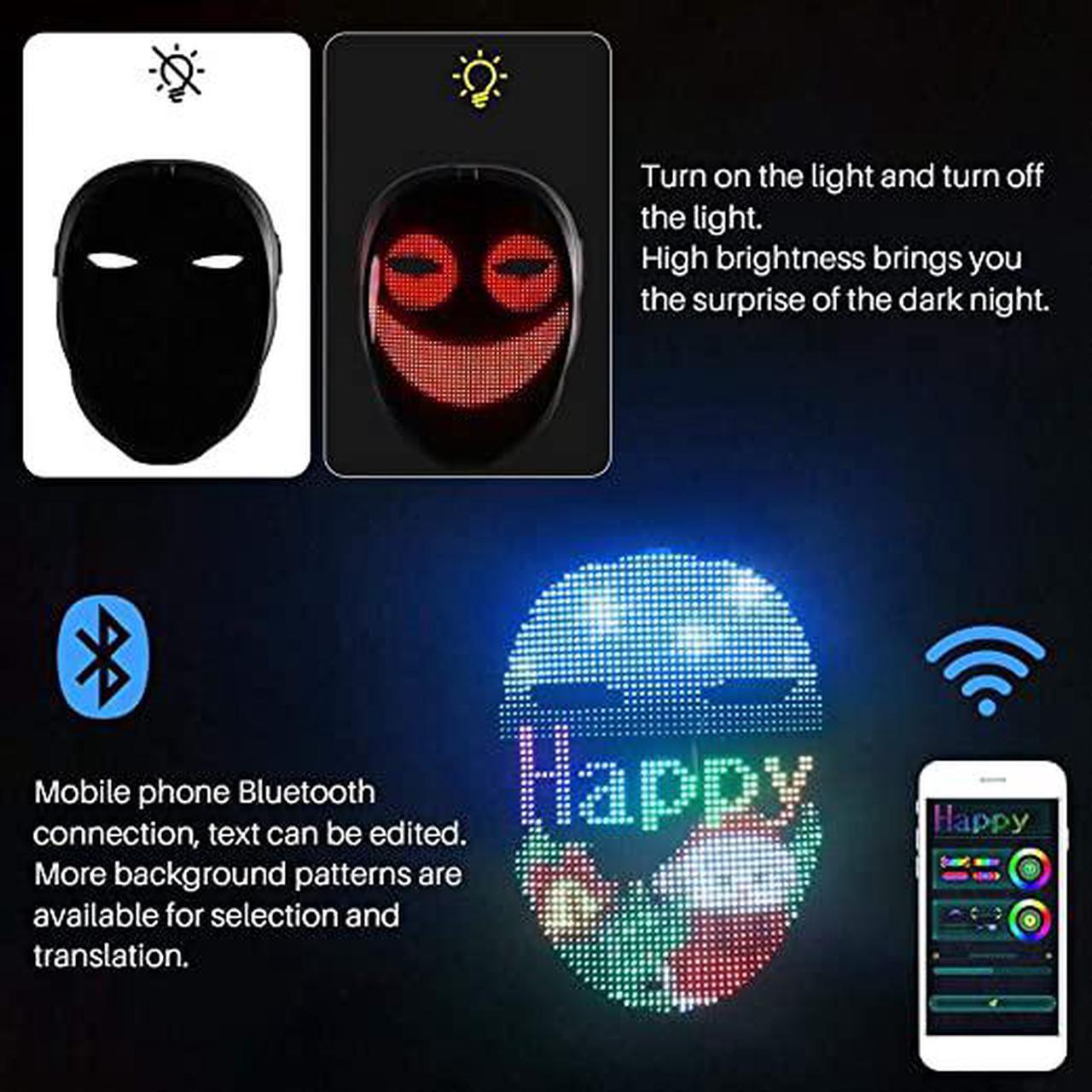 Alt view image 4 of 7 - LED Mask with App Bluetooth Programmable, USB Rechargeable Light up Halloween Christmas Cosplay Costume Party Personalized Smart Facial Cool Full Masks for Adults Men Women