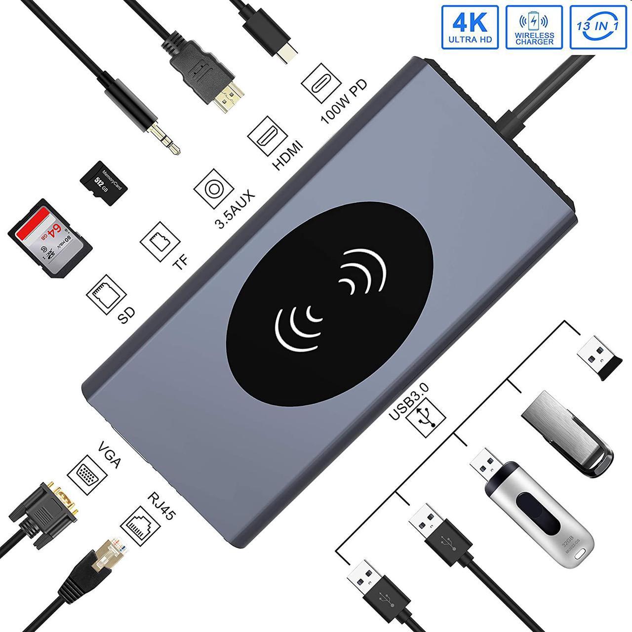 USB C Hub Laptop Docking Station, Wireless Charger 13-in-1 USB C Adapter with Ethernet, Power Delivery Laptop with 4K HDMI Output, 1000M RJ45 Ethernet, 60W PD, VGA, 5 USB 3.0 Ports, SD/TF Card Reader