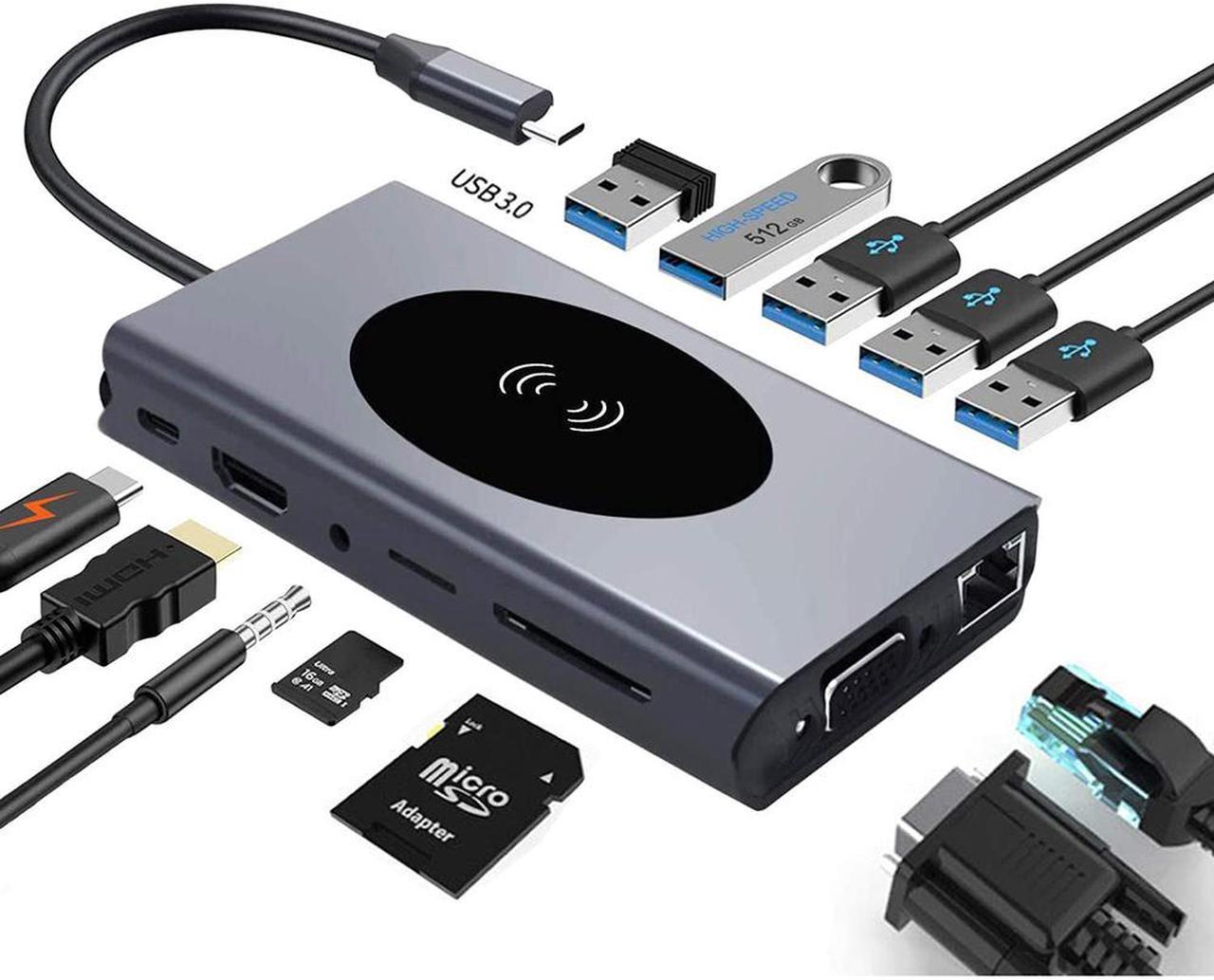 USB C Hub Type-C Laptop Docking Station, Wireless Charger 13-in-1 USB C Adapter with Ethernet, 4K HDMI Output, 1000M RJ45 Net Work, 87W PD, VGA, 5 USB 3.0 Ports, SD/TF Card Reader for Type C Latops