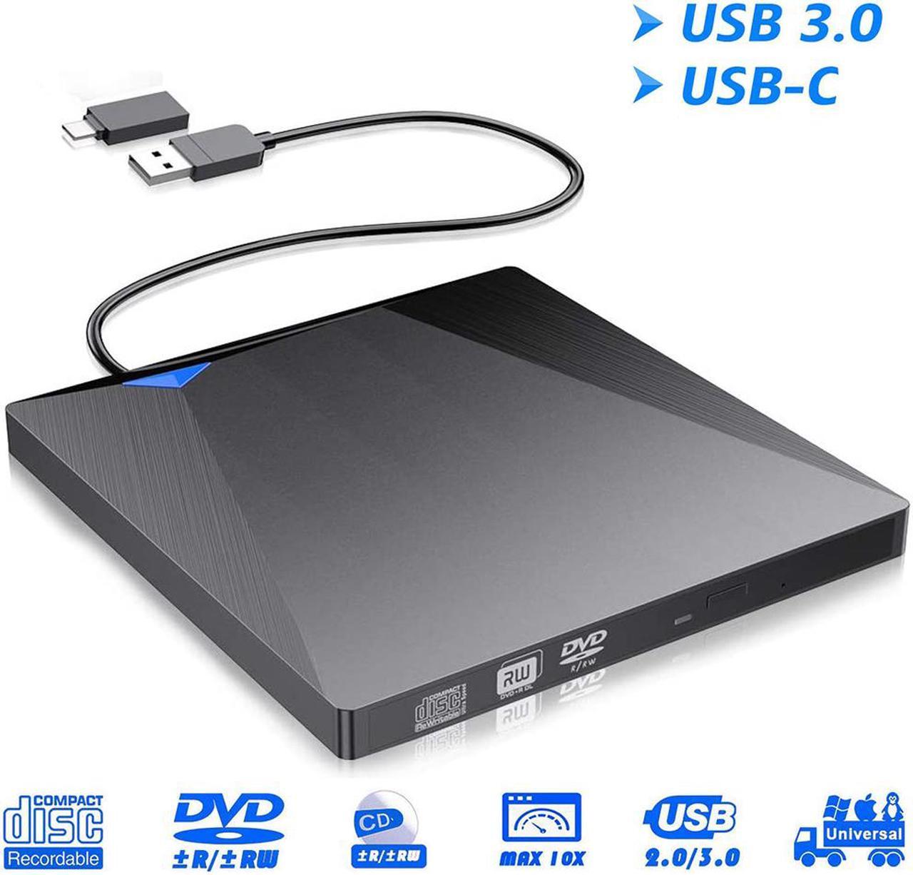 External CD DVD Drive, USB 3.0 Type-C Portable CD/Dvd +/-Rw Drive Slim Dvd/CD Rom Superdrive Rewriter Burner Player for Laptop Macbook Windows XP/Win 7/Win 8/Win 10/Vista/Linux/Mac OS (Black)