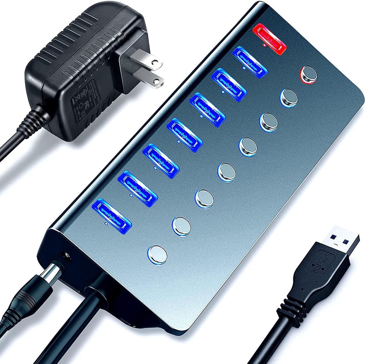 Powered USB 3.0 Hub, 7-Port USB Hub USB3.0 Powered | 1 Smart Charging Port | Multi USB Port Expander with Individual On/Off Switches and 5V/3A Power Adapter for Laptop,PC,Mac,MacBook Pro,PS4,TV