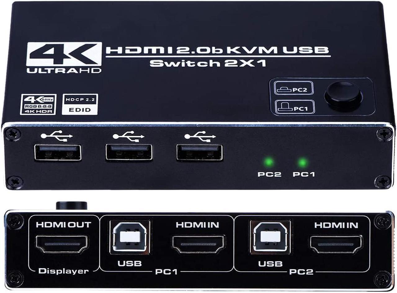 4K HDMI 2.0b KVM USB Switch 2 Port, 2 Computers Share One Monitor 2x1, 3 USB 2.0 Hub, Ultra HD 4K @60Hz, HDCP 2.2, Support Wireless Keyboard and Mouse