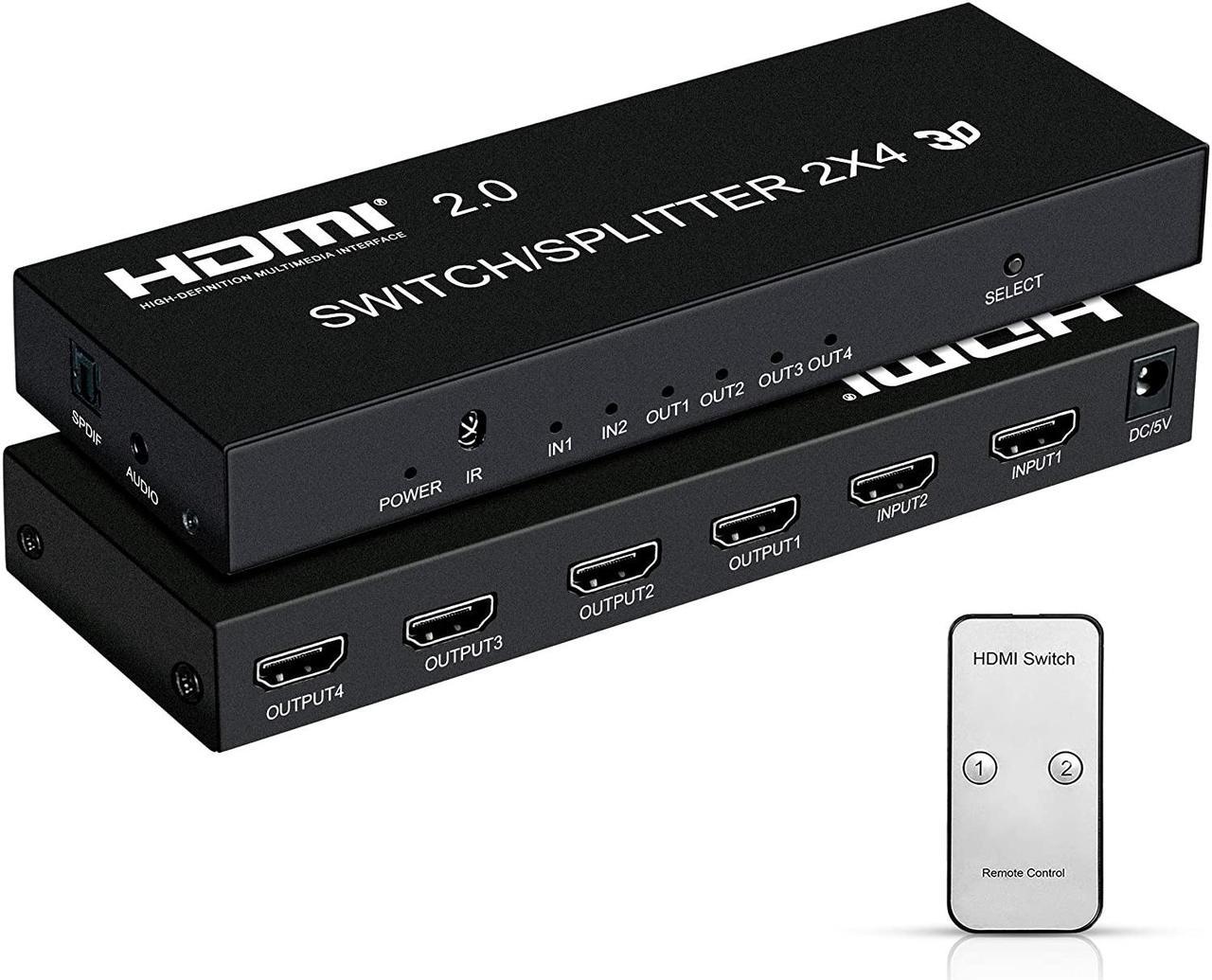 4K @60Hz HDMI Switch Splitter 2 in 4 Out with Remote, 2x4 HDMI Splitter Switcher 4K with SPDIF & 3.5mm Audio, Support 4K, 3D, 1080p, HDCP2.2, HDR 10 for PS4, Xbox, Fire Stick, etc