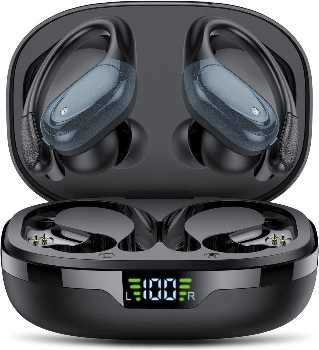 Ture Wireless Earbuds, Bluetooth 5.2 Headphones, 60Hrs Playback HD Stereo Audio LED Display, Over-Ear IPX7 Waterproof TWS Earphones with Earhooks, Built-in Mic, Type-C, for Sports (Black)