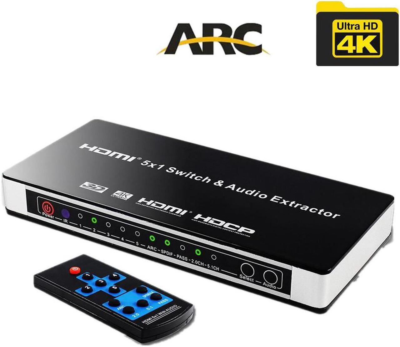 5 Port 4K @30Hz HDMI Switch HDMI Switcher, 5 Port 5x1 HDMI Switcher Splitter Box HDMI 1.4 Audio Extractor Supports 1080P Ultra HD 4K Full HD 3D ARC with Remote