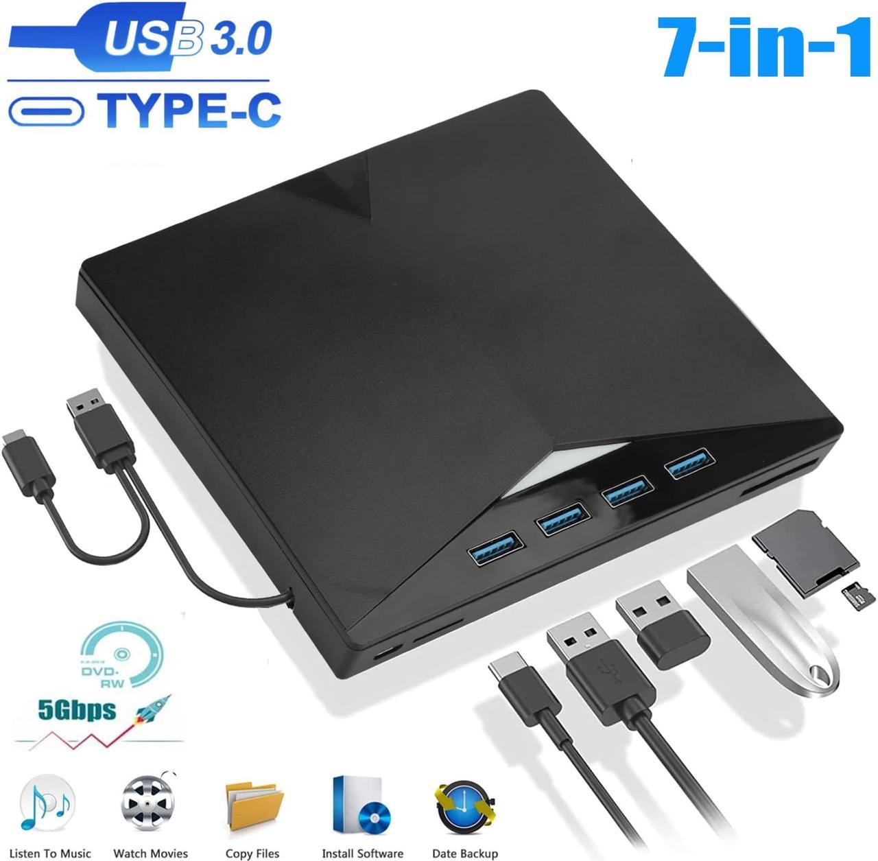 7-in-1 External CD DVD Drive for Laptop, USB 3.0 USB C Portable CD/DVD ROM +/-RW DVD Player with 4 x USB Port, TF/SD Card Slots, Optical Disk Drive Reader Writer Burner for Laptop Windows Linux MacOS