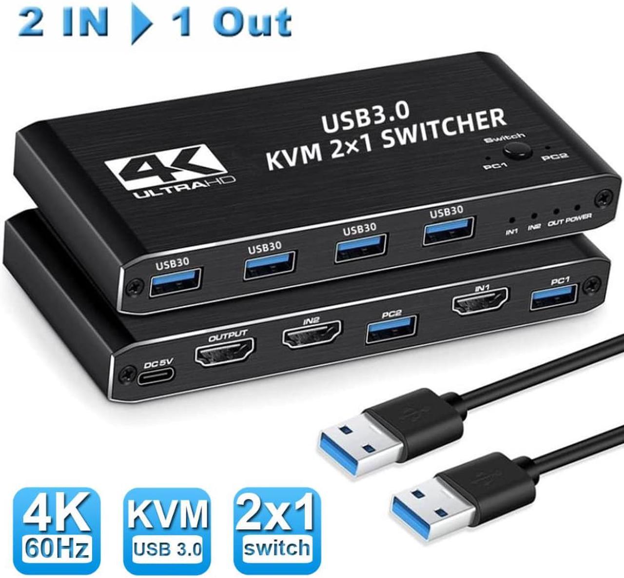 USB 3.0 KVM Switch HDMI Box 2 in 1 Out, 2 Port 4K @60Hz HDMI USB KVM Switches for 2 Computers Share Keyboard Mouse Printer and 1 HD Monitor, Aluminum USB Switcher Compatible with Windows Linux MacOS