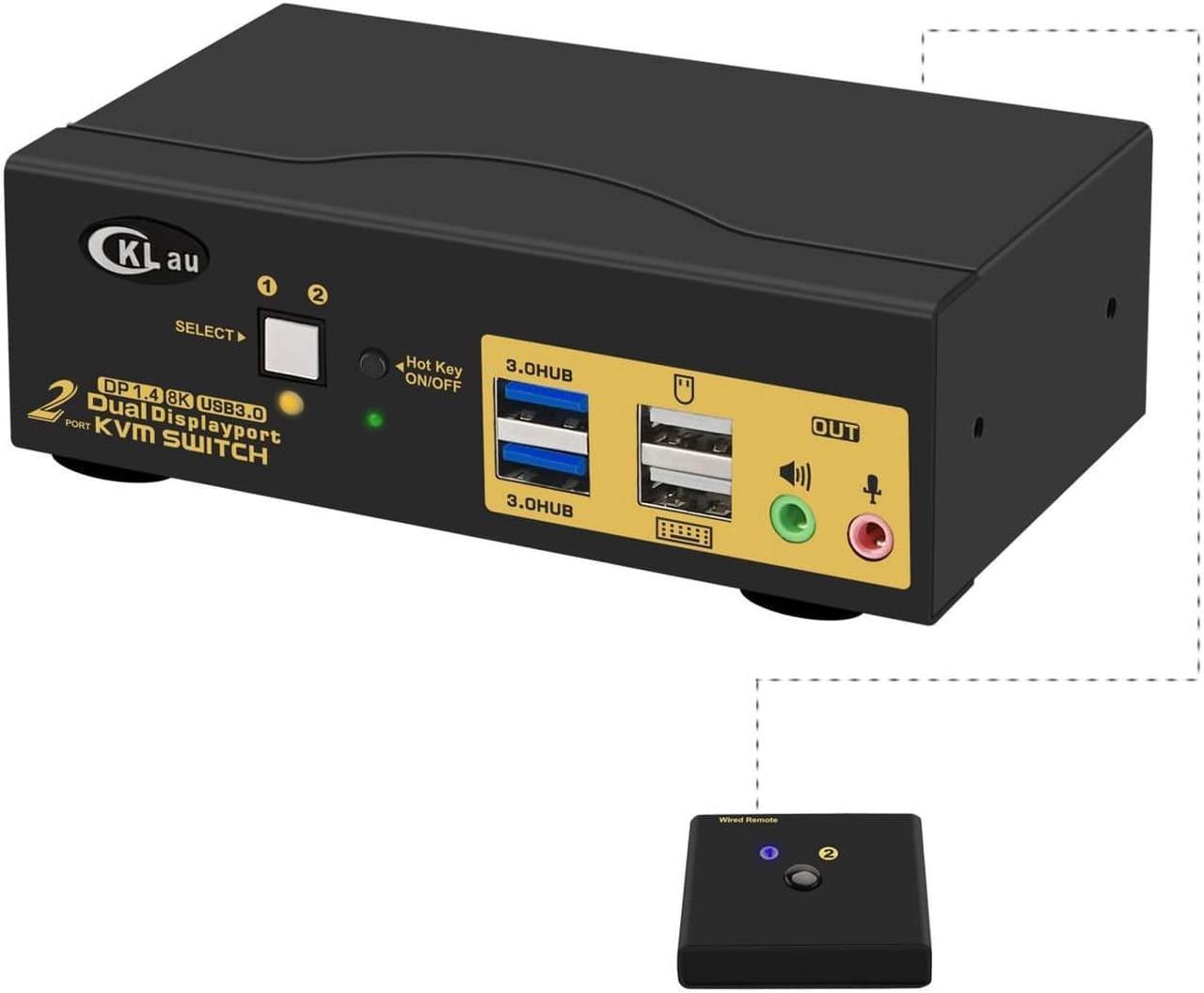 2 Port USB 3.0 Dual Monitor Displayport KVM Switch 2 in 2 Out, Displayport 1.4 8K @30Hz 4K @144Hz with Audio and Cables for 2 Computers Support Hotkey Switching