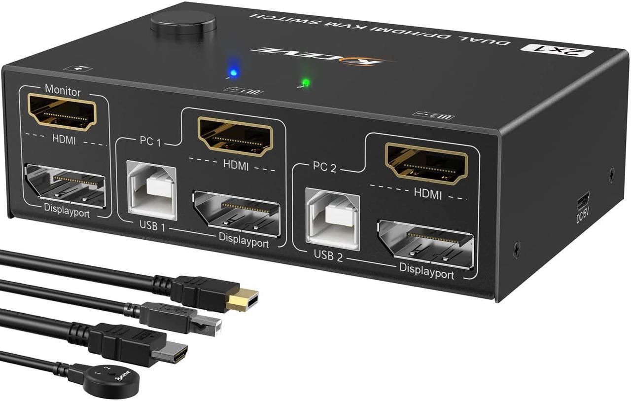 2 Port Dual Monitor KVM Switch HDMI+DisplayPort 4K @60Hz, 2K @120Hz HDMI DP Extended Display Switcher for 2 PC Share 2 monitors and 4 USB 2.0 ports, Wired remote and 4 cables included