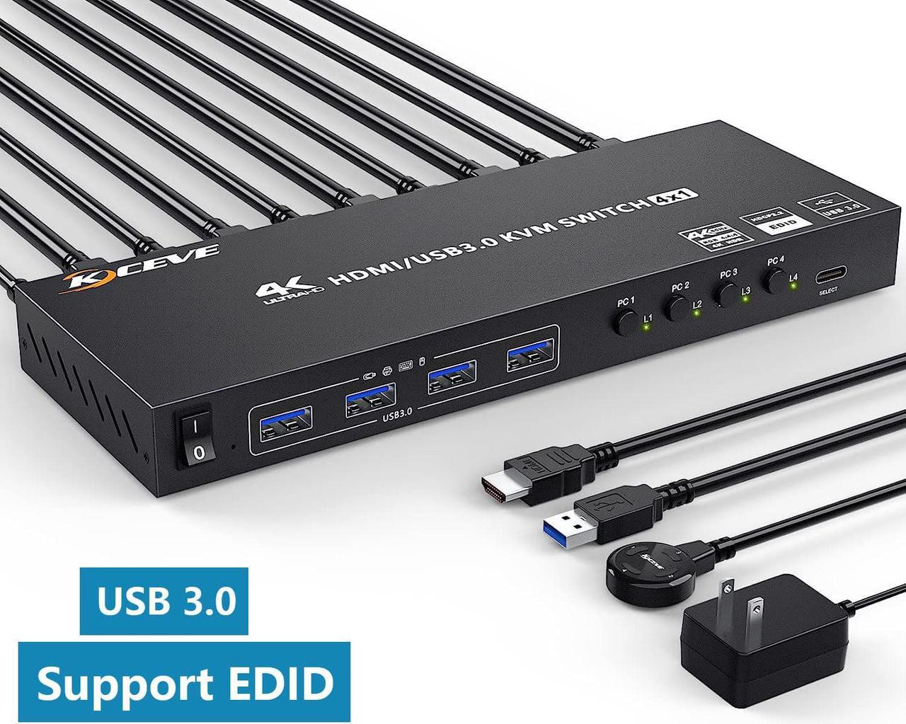 USB 3.0 HDMI KVM Switch 4 Port HDMI Support 4K @60Hz 2K@120Hz Simulation EDID, HDMI USB KVM Switch for 4 Computers Share 1 Monitor and 4 USB 3.0 Port, with Desktop Controller and KVM Cables