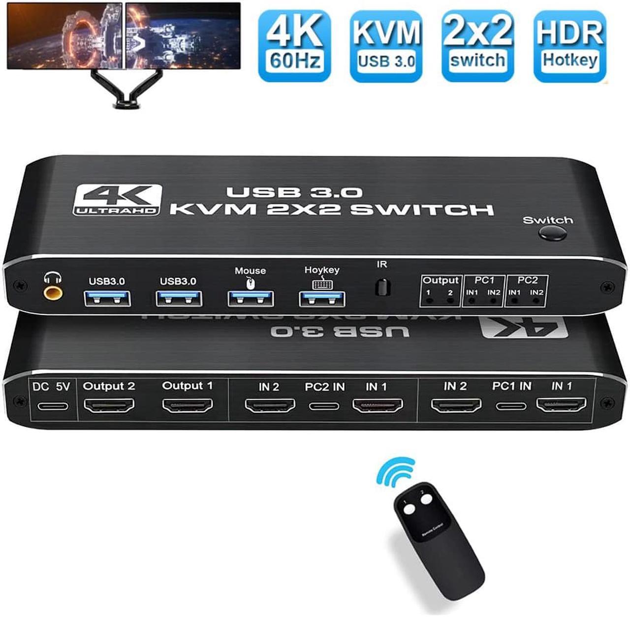 2 in 2 Out 4K HDMI 2.0 KVM Switch with 3.5mm Jack Audio Output, USB 3.0 HDMI KVM Switch 2x2 for 2 Computers and 2 Monitors 4K @60Hz with 3 Display Method, Hot Key Switching, IR Control