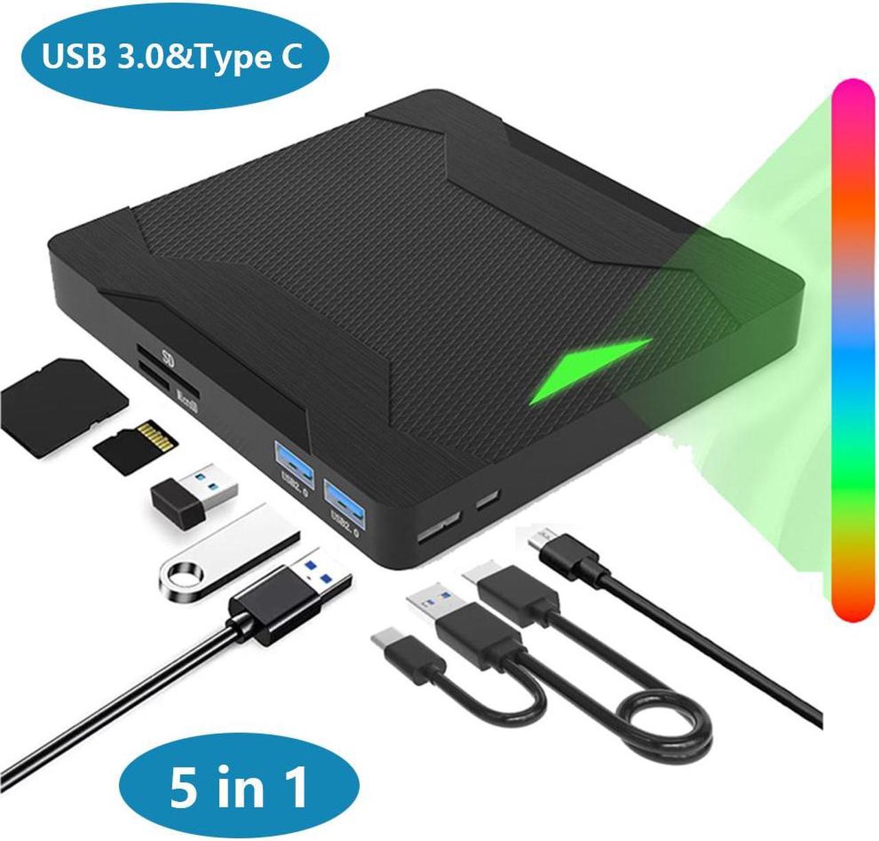 [New 5 in 1] External CD/DVD Drive, USB 3.0 & Type-C Portable CD/DVD+/-RW Optical Drive/DVD Player for Laptop, External DVD Drive CD Burner Compatible with Desktop PC Laptop Windows Linux MacOS