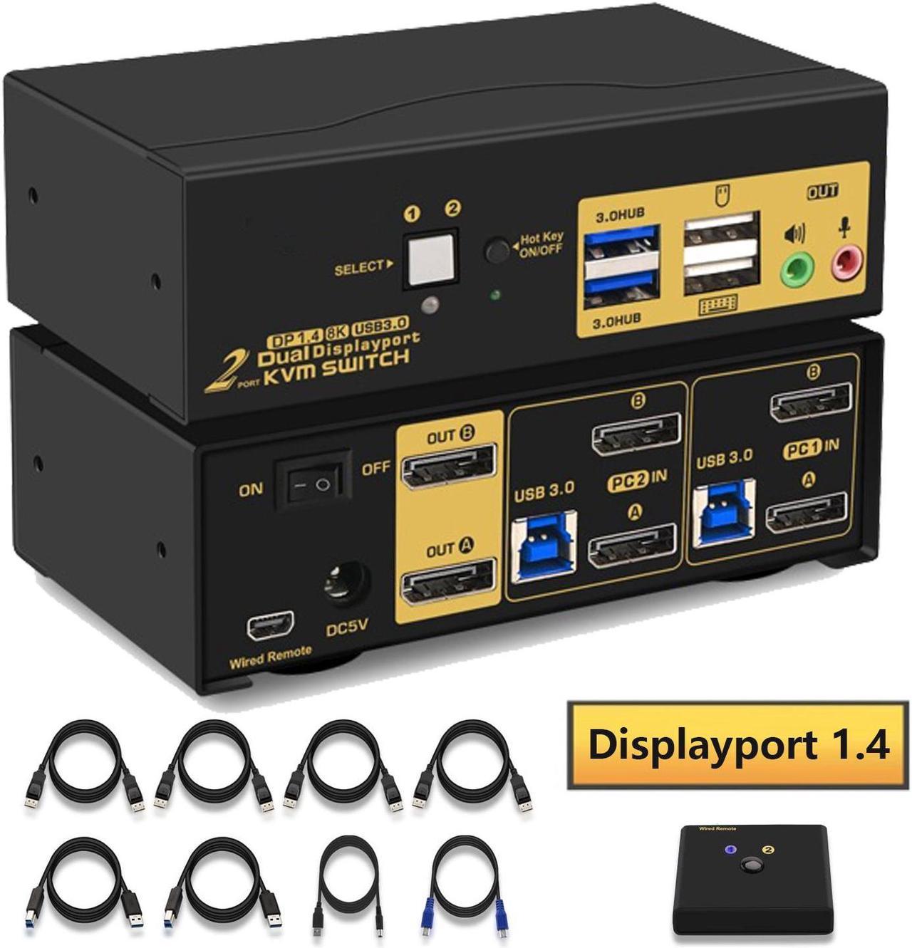 2 Port Displayport KVM Switch, Dual Monitor DisplayPort 1.4  USB 3.0 KVM Switch for 2 Computers 2 Monitor 4K@144Hz 8K@30Hz, PC Screen Keyboard Mouse Peripheral Audio Sharing Selector, with All Cables