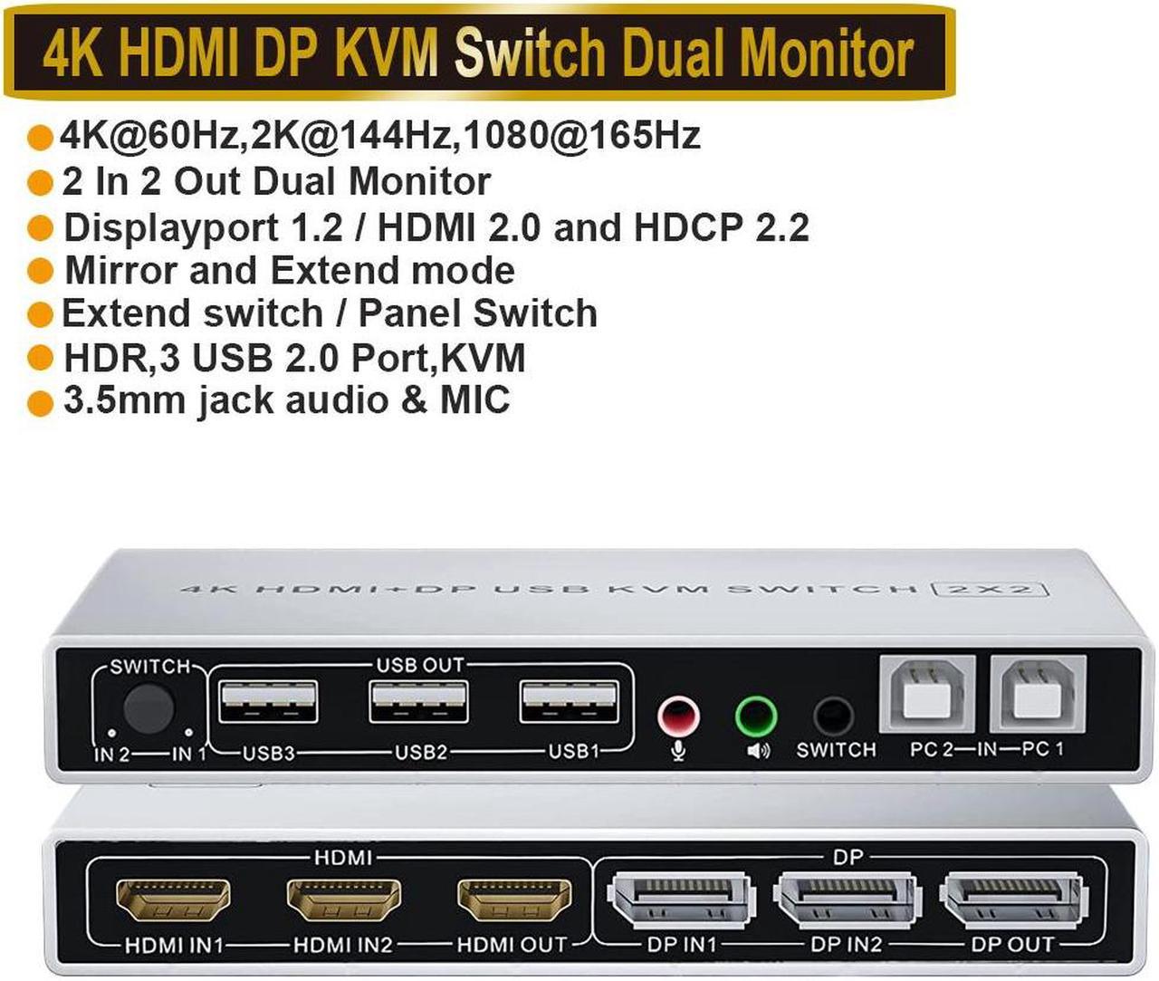 Dual Monitor HDMI Displayport KVM Switch, 2 Port Extended Display 2 in 2 Out KVM Switch, UHD 4K@60Hz RGB 4:4:4, USB Hub, Audio, Button Switching, DP HDMI KVM Switcher for 2 Computers 2 Monitors