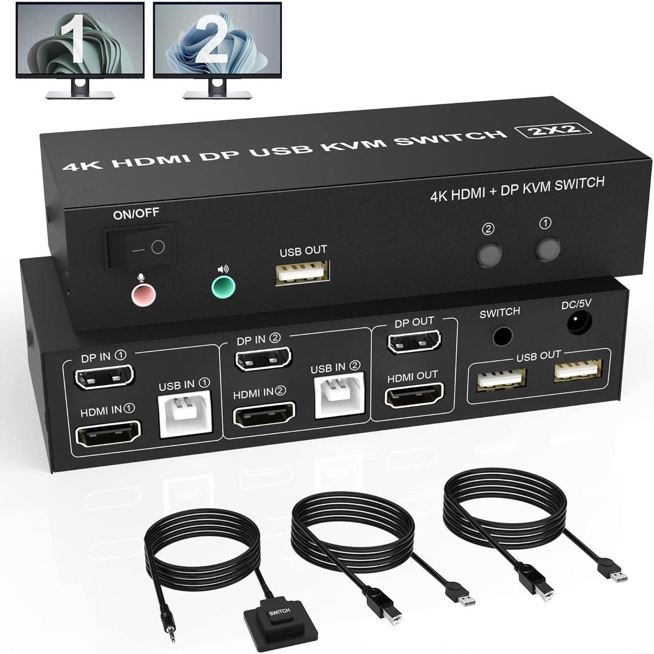 Dual Monitor HDMI + DP KVM Switch 2x2, DisplayPort and HDMI 4K@60Hz Extended Display KVM Switch 2 Monitors 2 Computers with Audio Microphone Output and 3 USB Ports, PC Monitor Keyboard Mouse Switcher