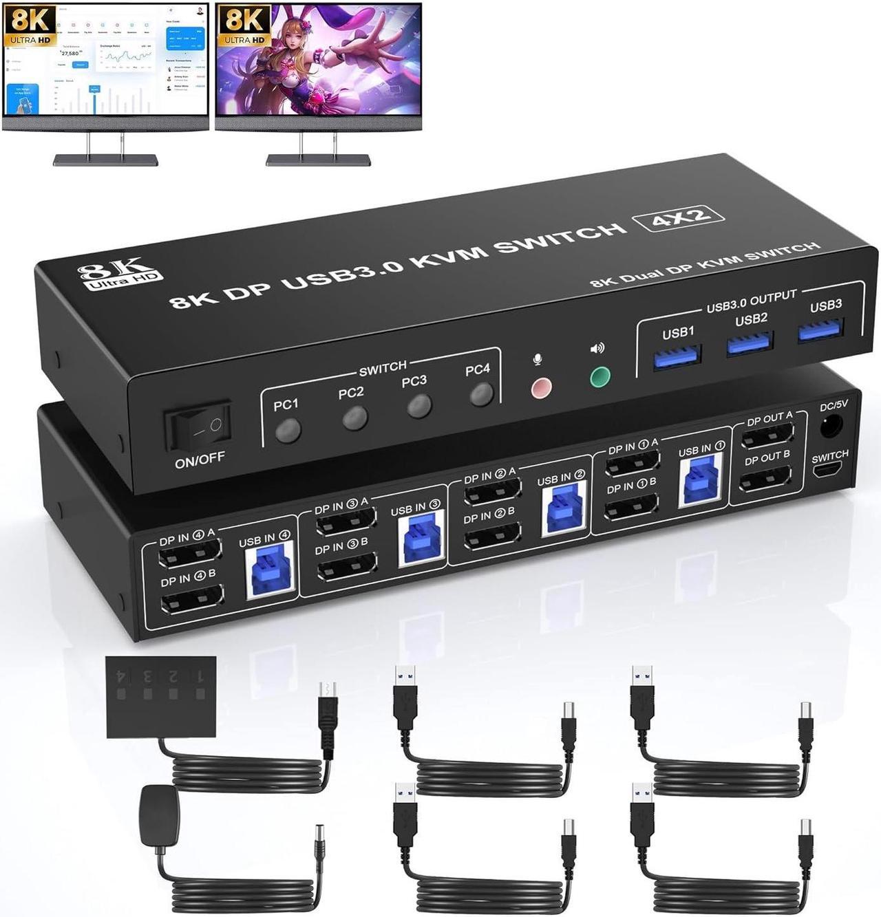 8K@60Hz USB 3.0 Displayport KVM Switch 2 Monitors 4 Computers, Dual Monitor Displayport KVM Switch 4 in 2 Out with Audio Output and 3 USB 3.0 Ports, 4 Port 8K DP Monitor Switch for 4 PCs 2 Monitors