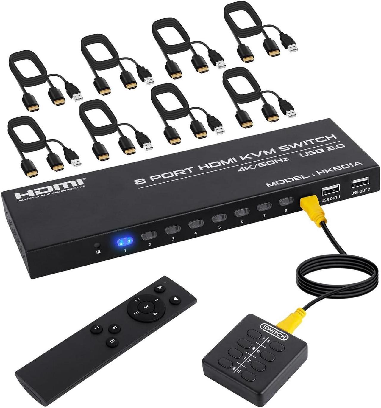 8 Port HDMI KVM Switch 8 in 1 Out, 4K @60Hz HDMI KVM Switch for 8 PCs Share 1 Monitor and 4 USB Devices, Including 8 HDMI KVM Cables and IR Remote Control