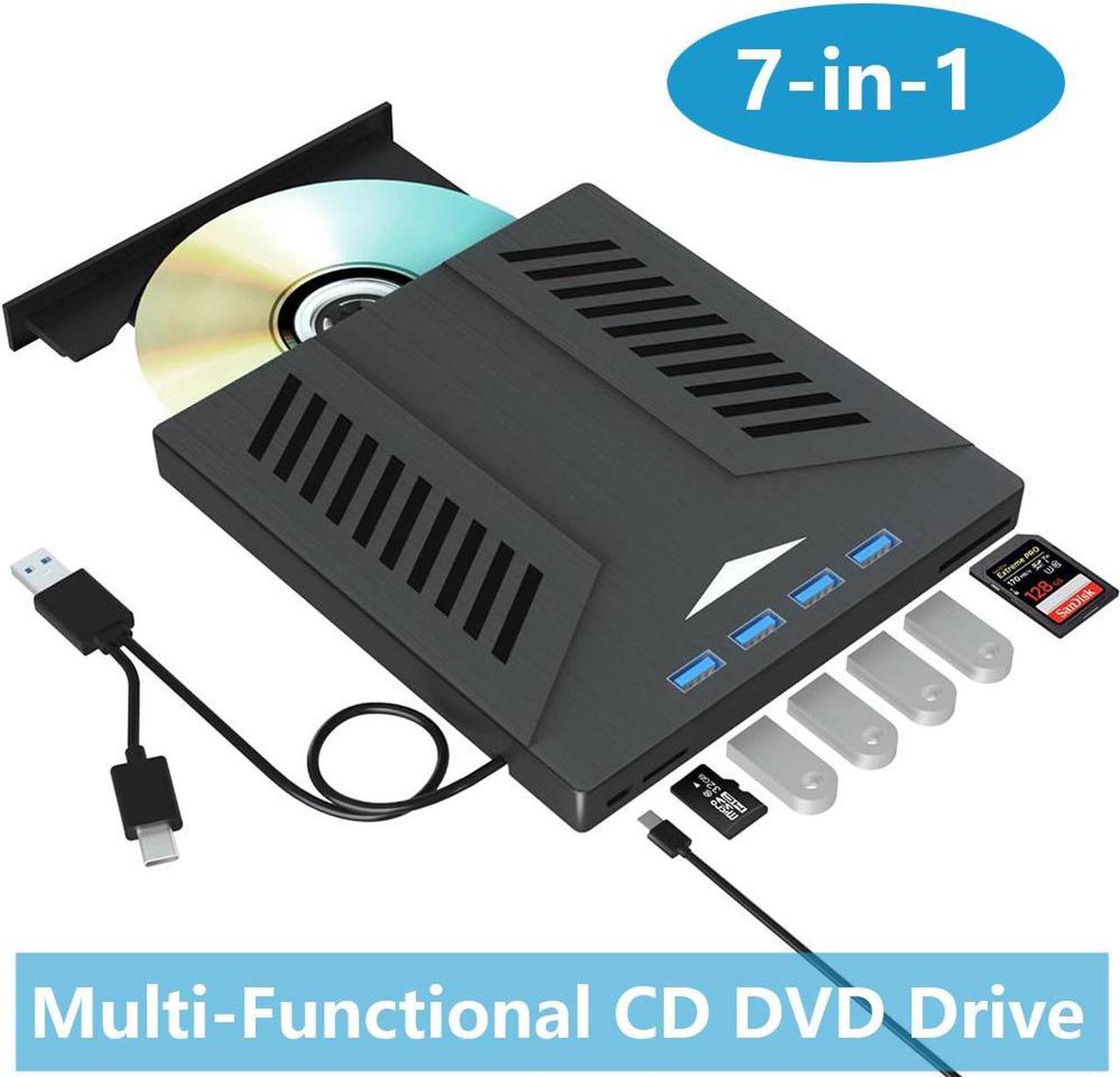 7-in-1 External CD DVD Drive for Laptop, USB 3.0 Type C CD DVD Player Burner with 2 SD Card Slots 4 USB Ports, Portable Slim CD DVD ROM for Desktop PC Compatible with Laptop PC Linux Windows Mac OS