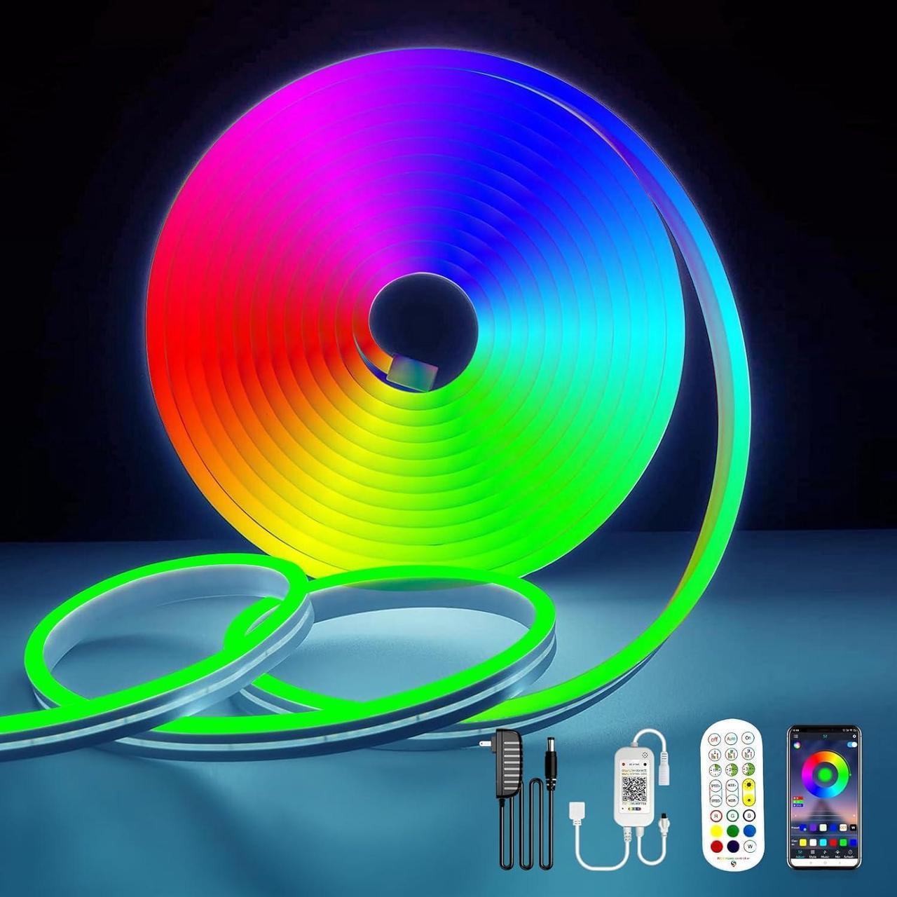 LED Neon Lights,16.4ft / 5M LED RGB Neon Light Strip, Neon Rope Light with Remote APP Control, IP65 Waterproof Flexible Neon LED Strip Lights for Bedroom Room Outdoors Decor