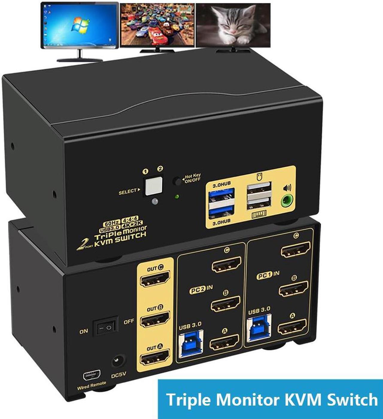 2 Port Triple Monitor USB 3.0 HDMI KVM Switch with Audio Output, All Input Cables, 4K@60Hz Triple Monitor HDMI KVM Switch for 2 Computers Sharing 3 Monitors Supports Emulation EDID, with 2 USB 3.0 Hub