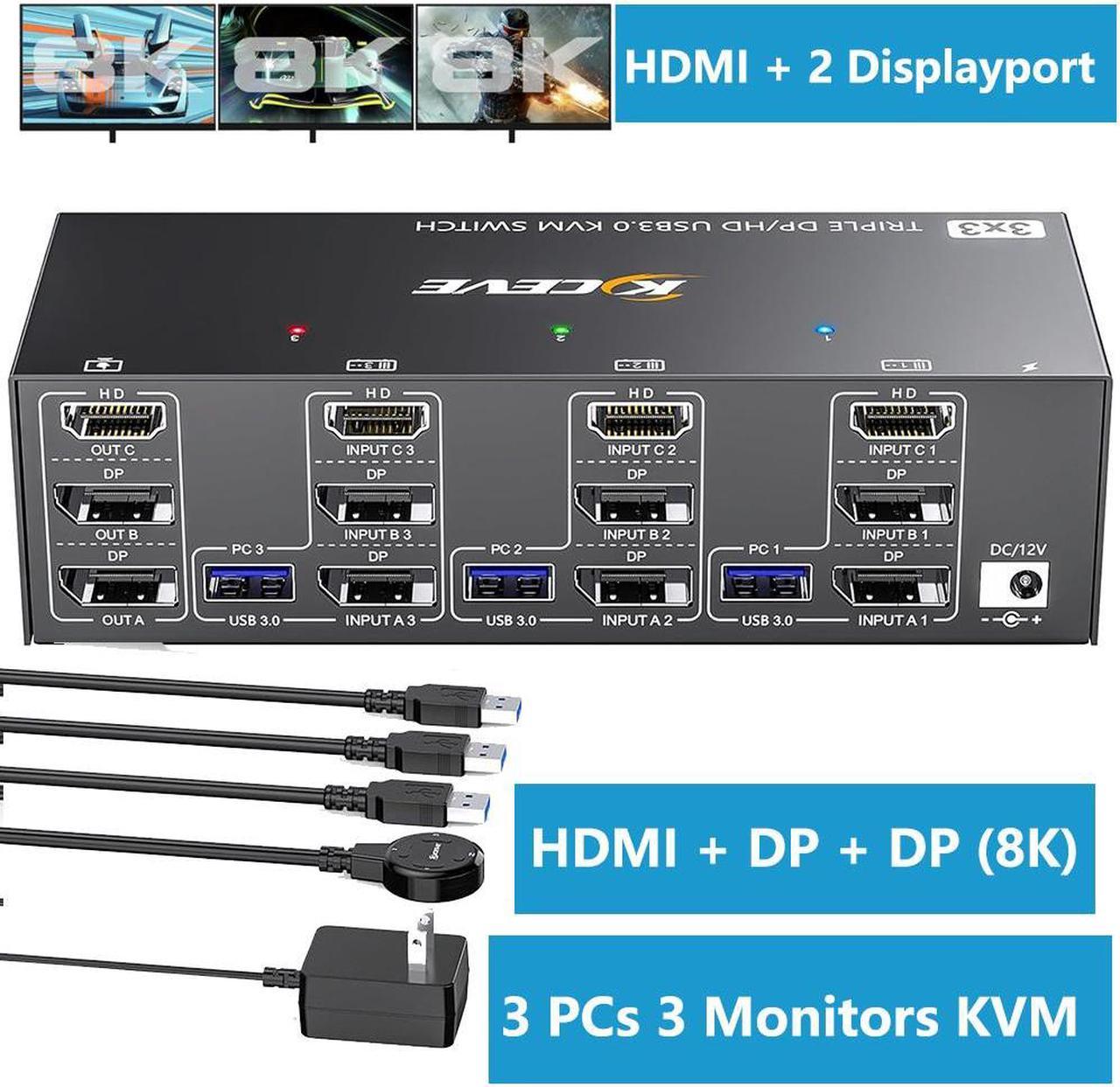 USB 3.0 KVM Switch 3 PC 3 Monitors, [2 Displayport + HDMI] Triple Monitors KVM Switch, 8K@ 60Hz KVM Switch 4K@144Hz, KVM Switch Displayport 1.4 + HDMI 2.1 for 3 PC Share 3 Display and 4 USB 3.0 Device